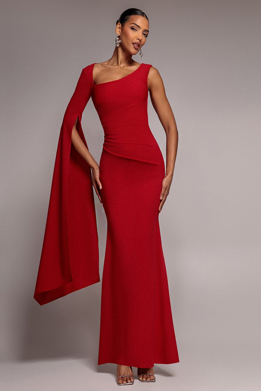 Goddiva Red One Shoulder Cape Sleeve Maxi Dress - By - 16