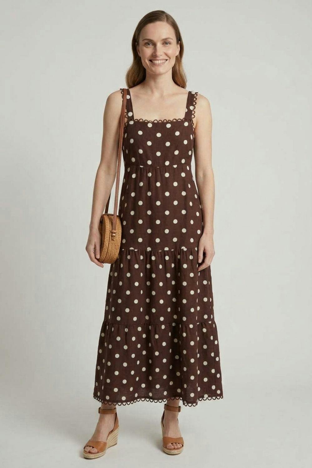 Izabel London Brown Polka Dot Print Lace Trim Maxi Dress - 10