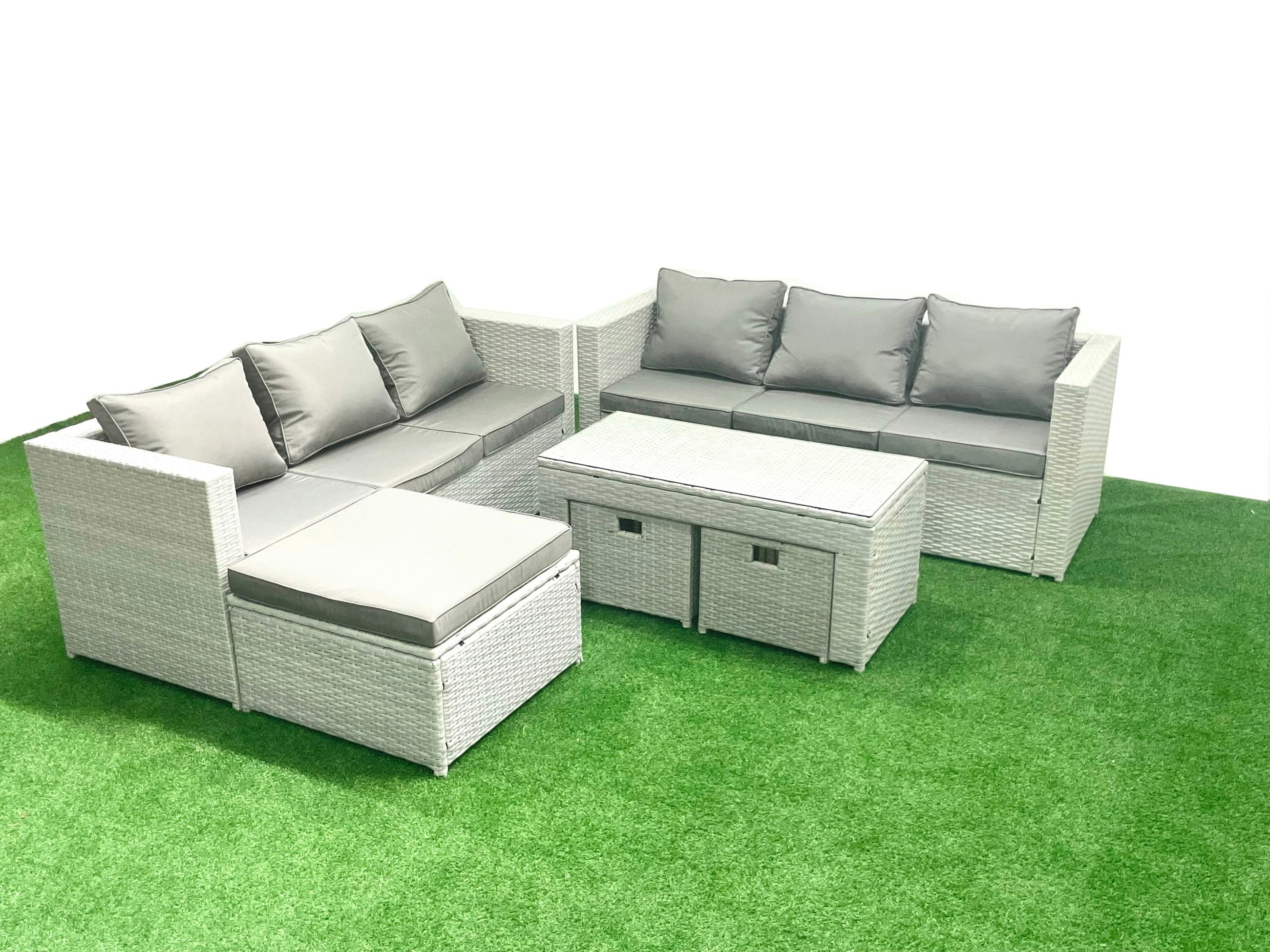 Fimous Light/Grey 9 Seater Garden Outdoor Rattan Furniture Set Rattan Garden Sofa Oblong Coffee Table With 3 Footstools Mixed