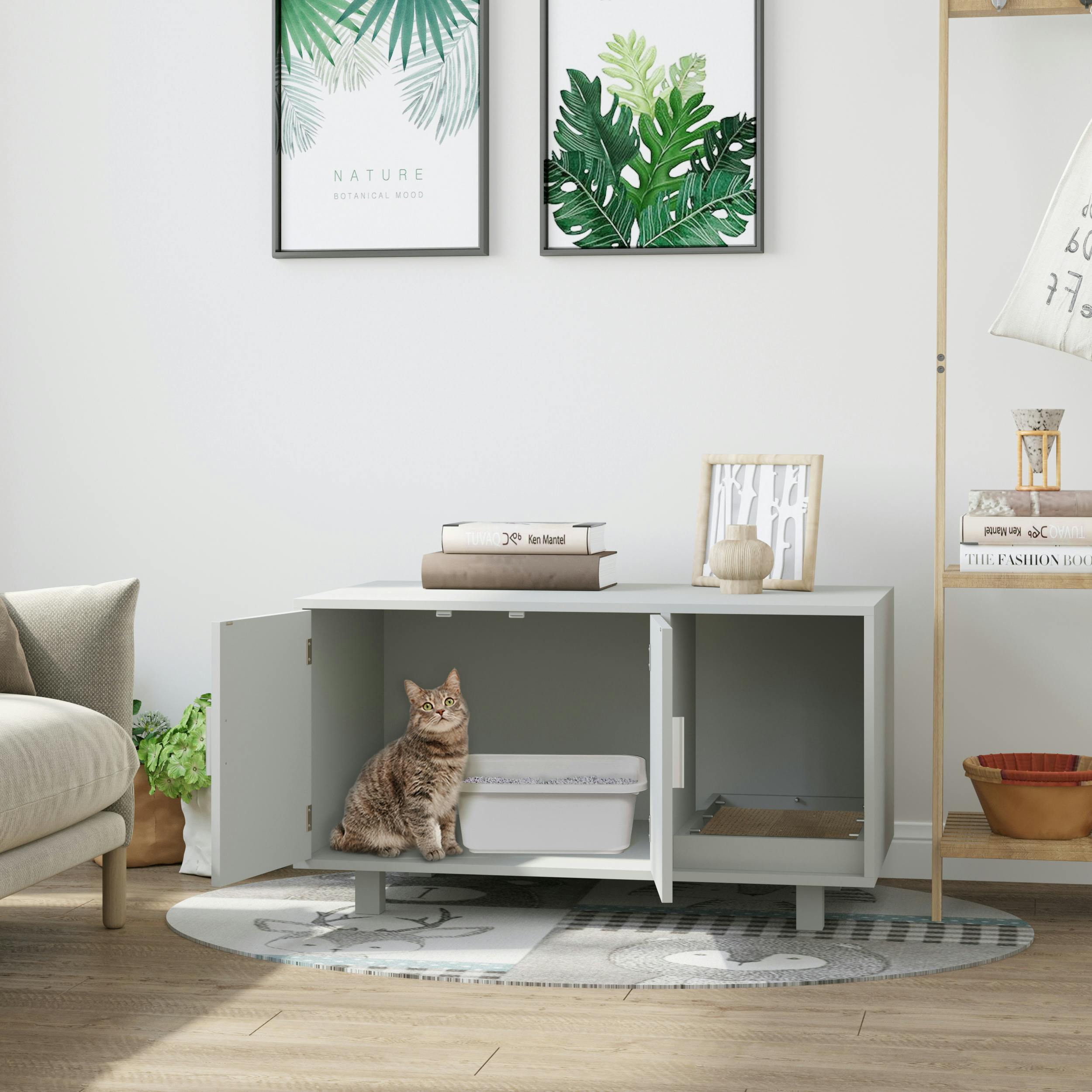Pawhut Grey Cat Litter Box Enclosure & House W/ Nightstand/End Table Design