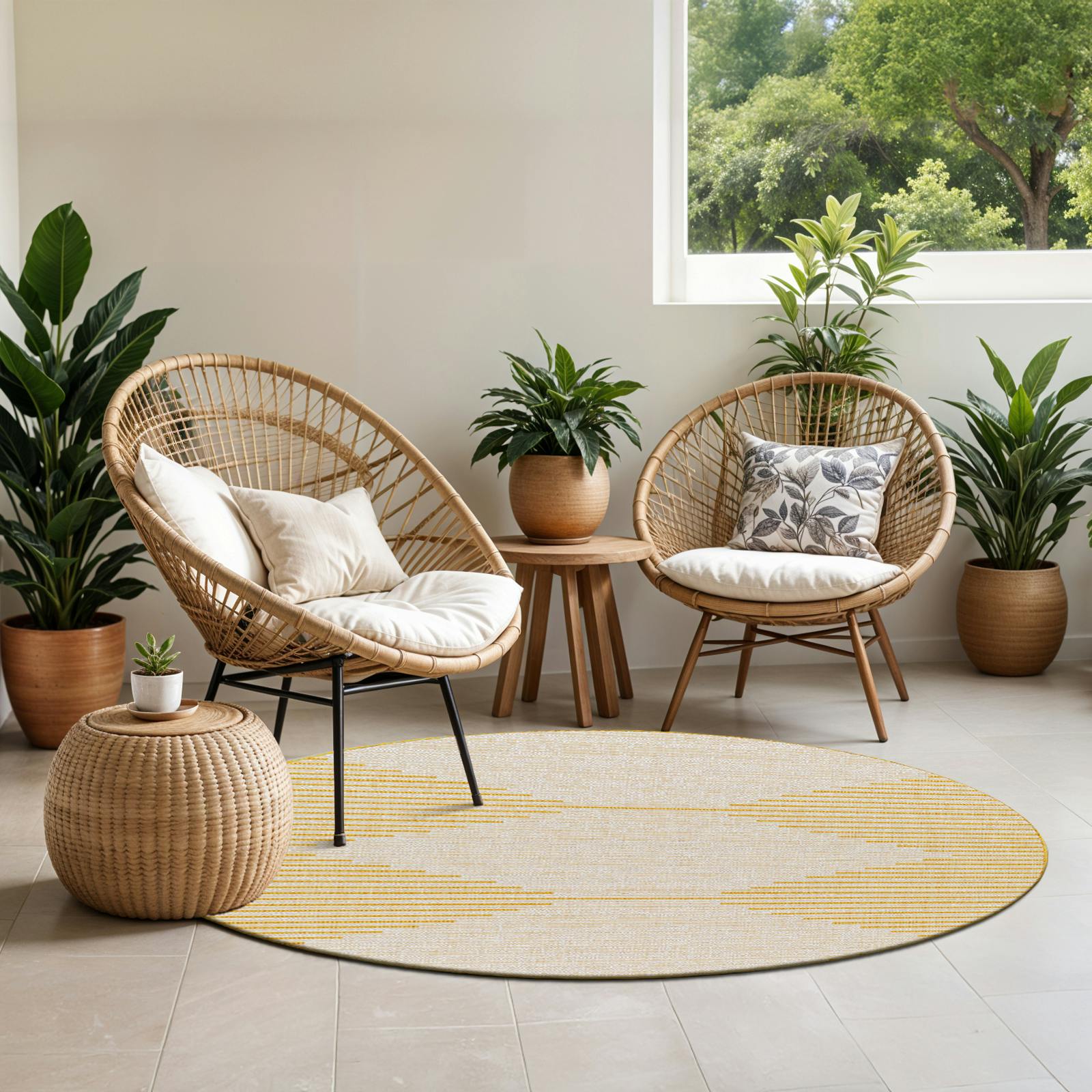 Photos - Area Rug Rackhams Eagean-Global Yellow Ivory Off-White In- & Outdoor Rug - 160cmdiameter
