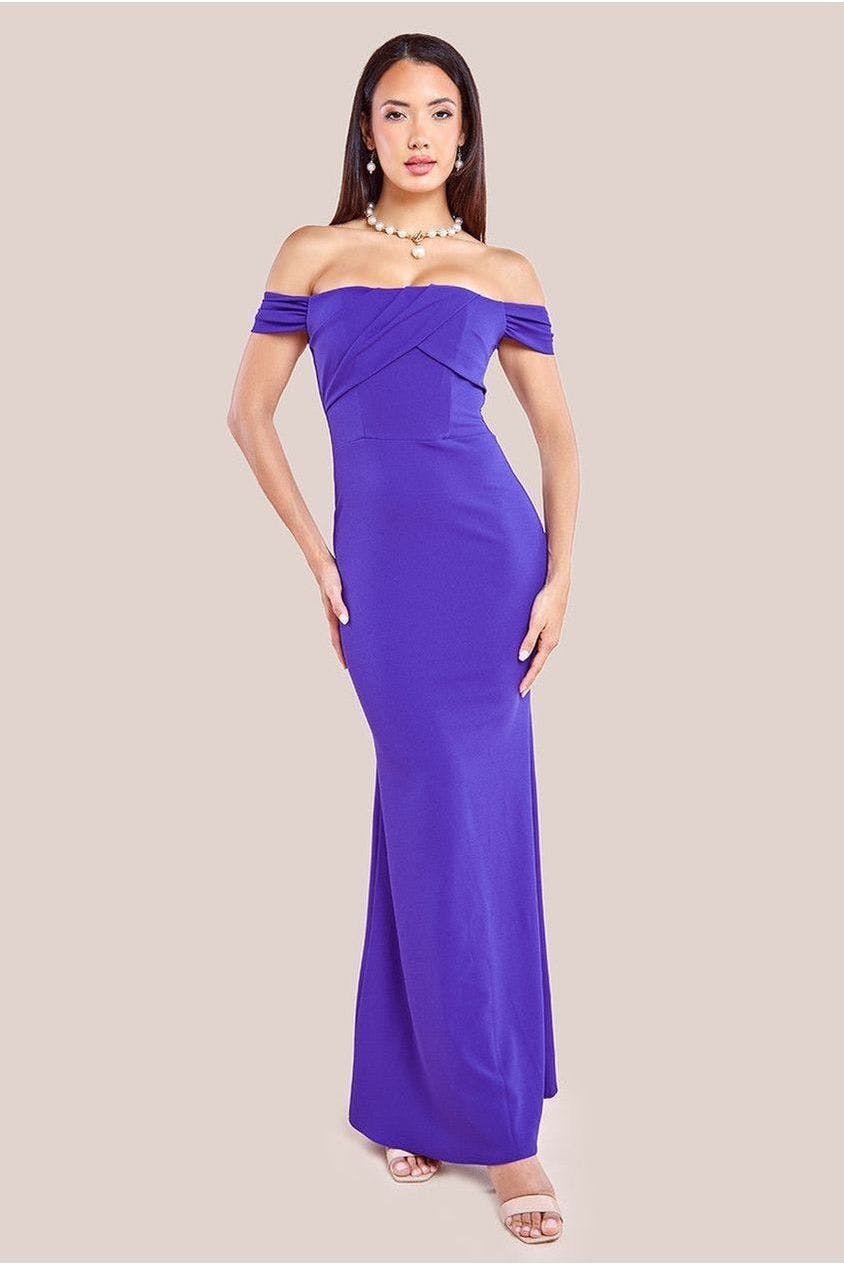 Goddiva Purple Pleated Bardot Scuba Maxi Dress - By - 16