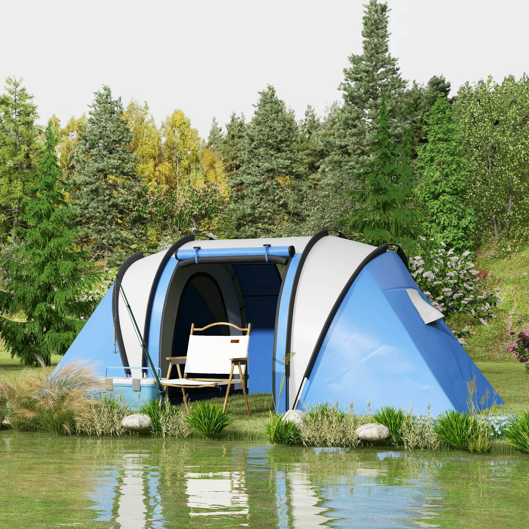 Outsunny Blue 2 Bedroom Camping Tent With Living Area, 3000Mm Waterproof,