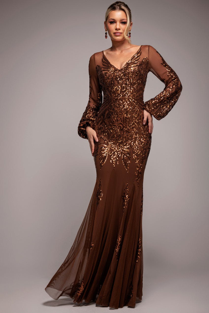 Goddiva Bronze Embellished Sequin Bishop Sleeve Maxi Dress - By - 8