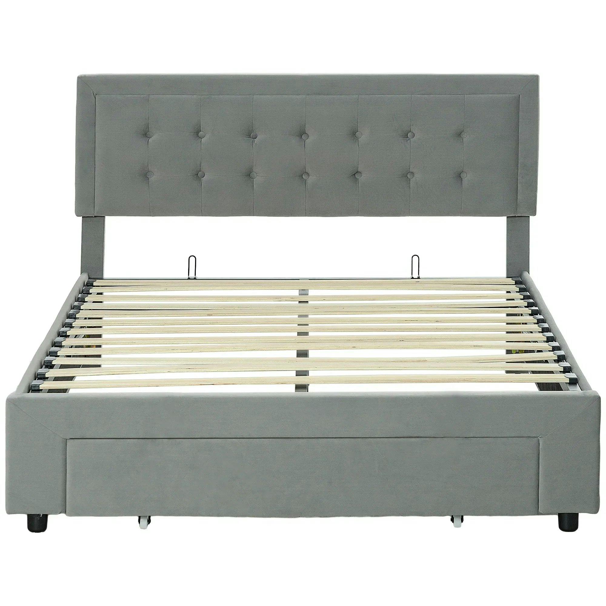 HOMCOM Upholstered Ottoman Bed with Storage Drawer 4ft6 Double Grey | Adjustable Headboard, Gas Lift End Opening, Wooden Slats, Bed Frame, No Mattress - Image 5