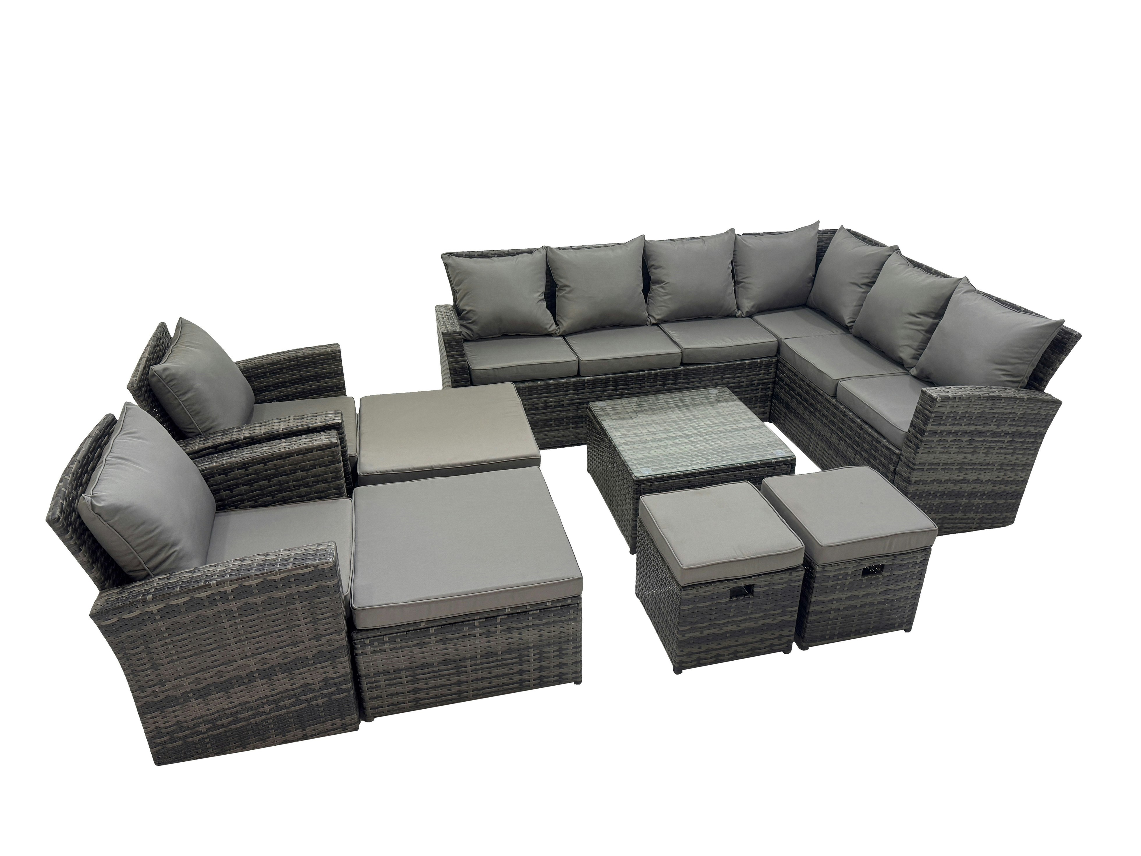 Fimous Dark/Grey Rattan Garden Outdoor Furniture Set 12 Seater Garden Sofa Coffee Table Set With 2 Chairs 4 Footstools Mixed