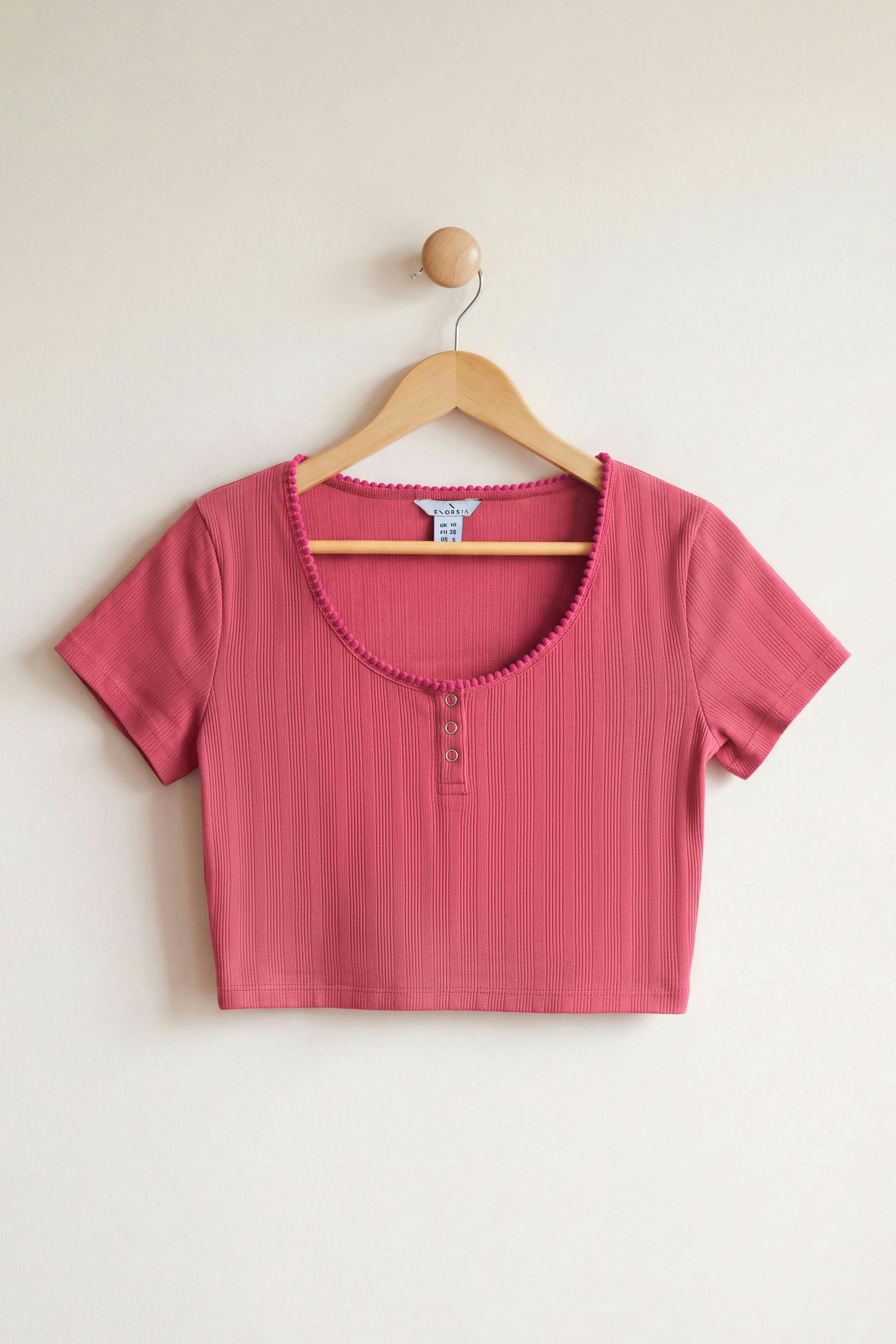 Enorsia Women's Red Ribbed Button-Up Short Sleeve T-Shirts - 10