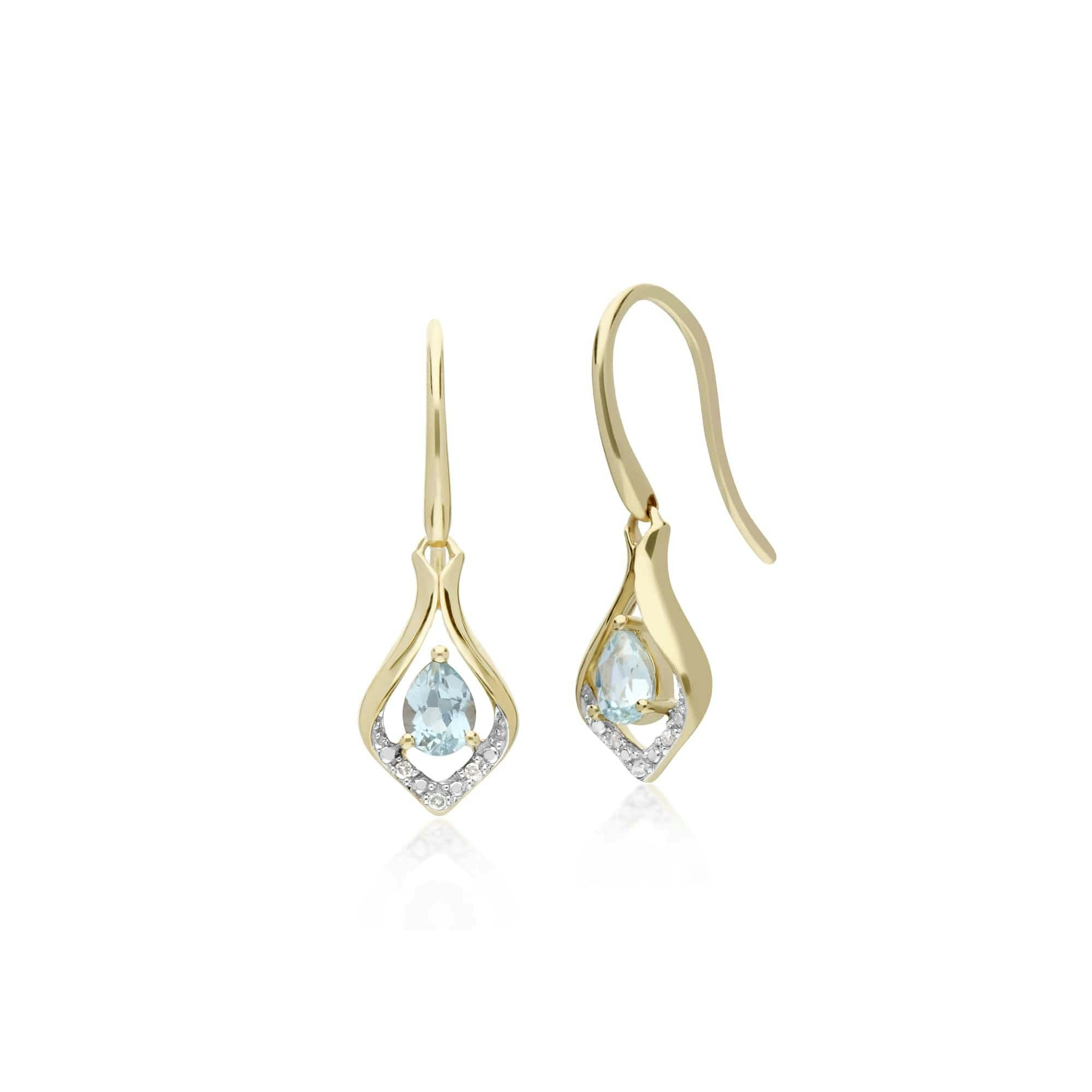 Gemondo Gold Classic Pear Aquamarine & Diamond Leaf Halo Drop Earrings In 9Ct