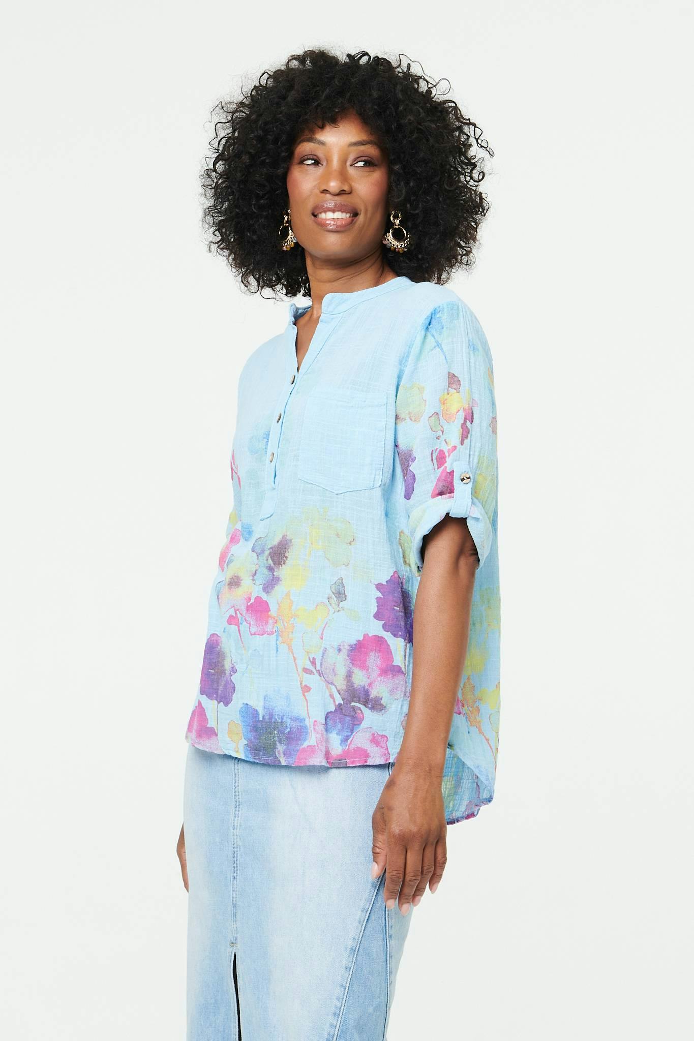 Izabel London Blue Floral Turn-Up Sleeve Curve Hem Blouse - 14
