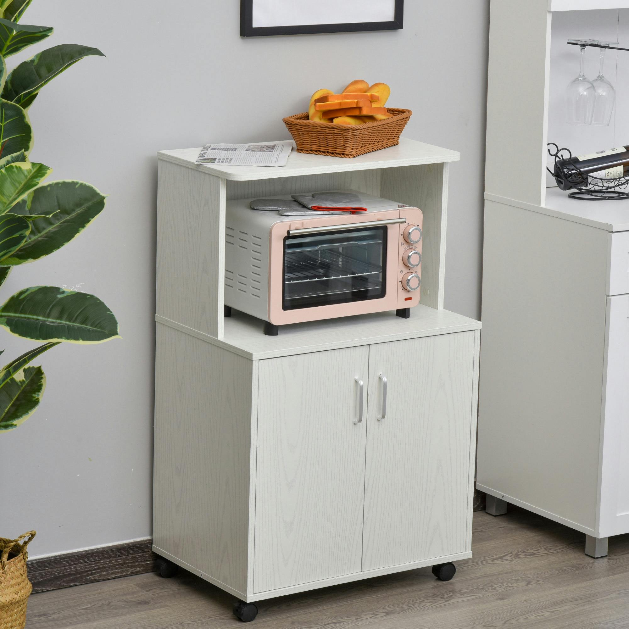 Rackhams Kitchen Storage Unit Microwave Cart Trolley W/ Cabinet Wheels Shelf Oak
