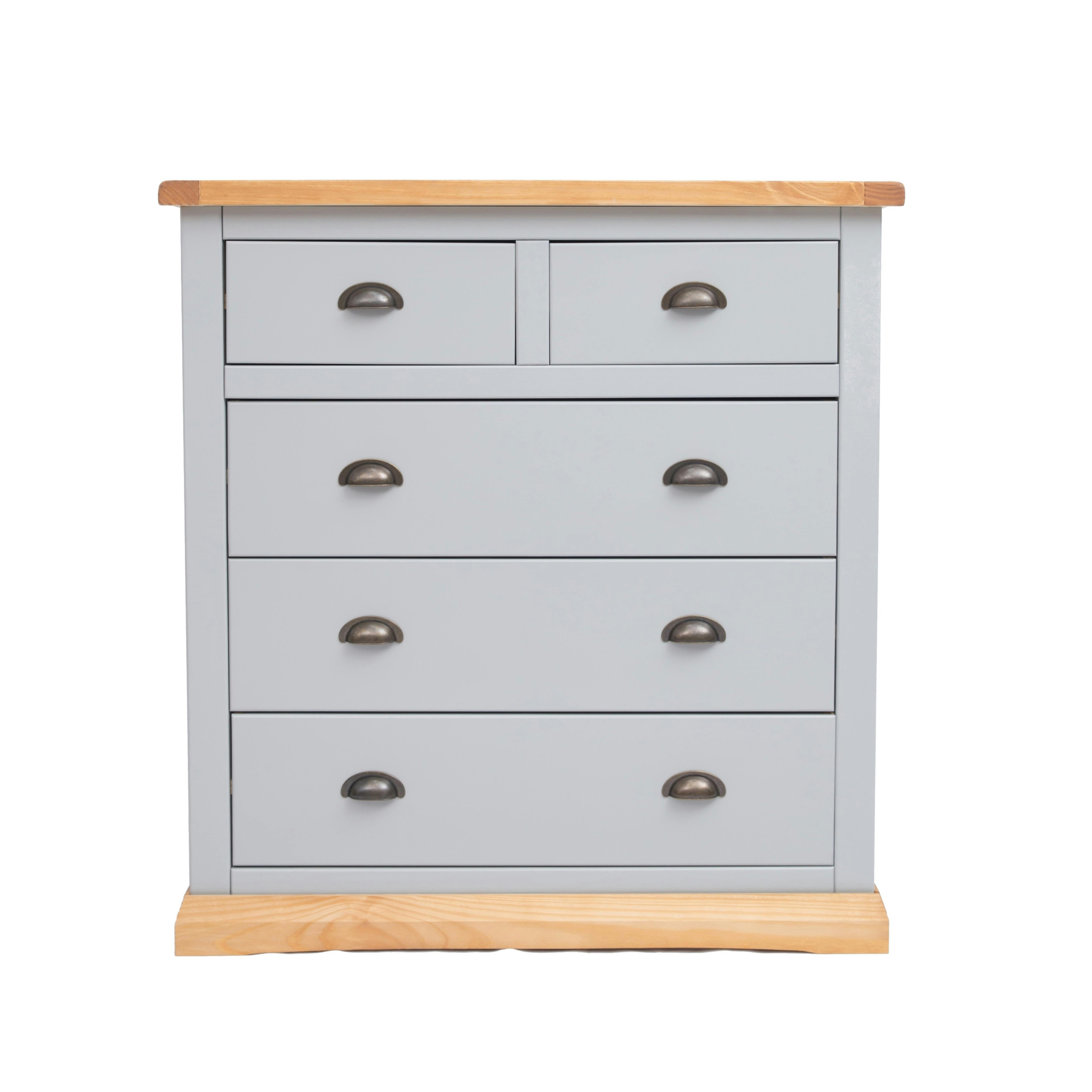 Rackhams Light/Grey Bomporto 5 Drawer Chest Of Drawers Brass Cup Handle