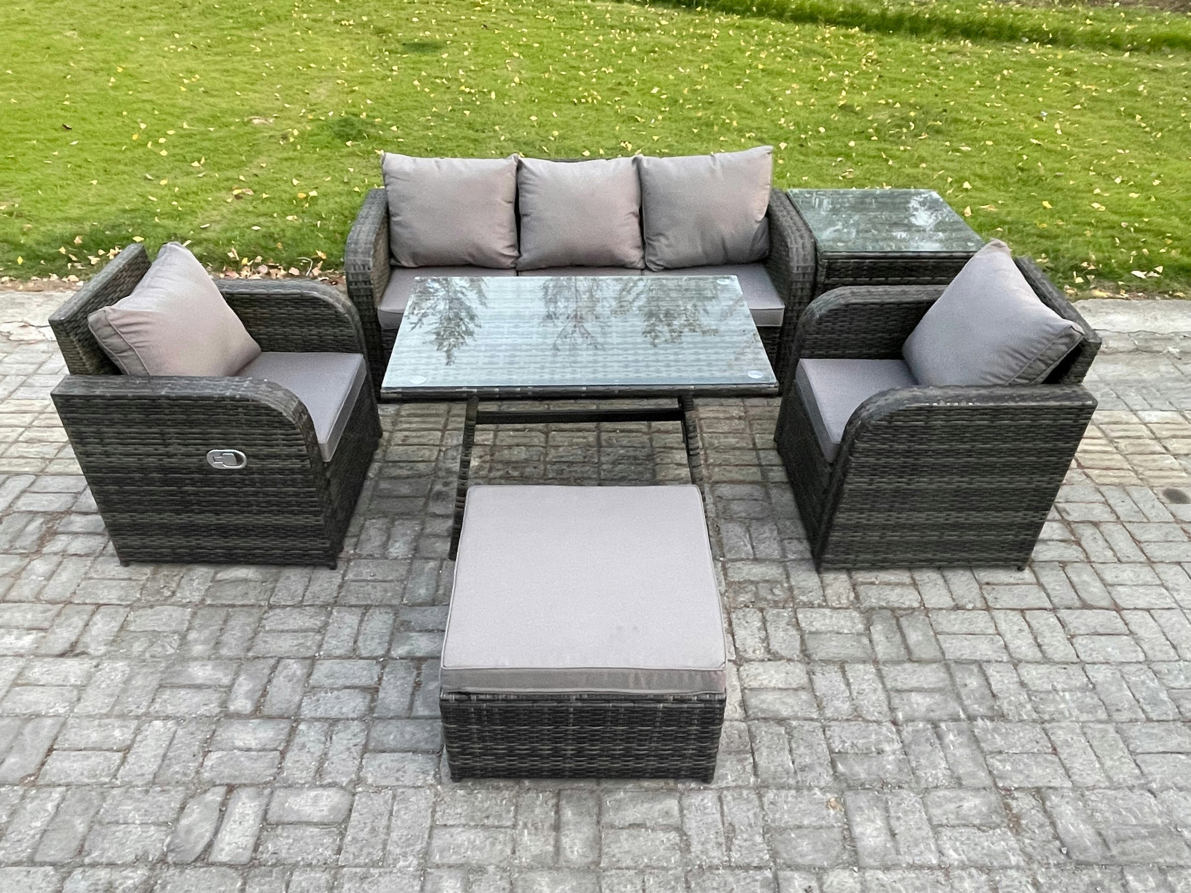 Rackhams Dark/Grey Rattan Wicker Garden Furniture Patio Conservatory Sofa Set With Rectangular Dining Table Reclining Chair 3 Seater Sofa Big Footstool Side Table