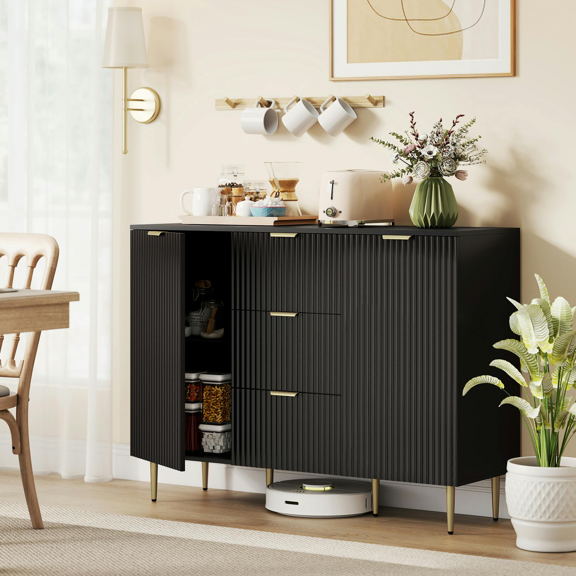 Rackhams Black Sideboard Buffet Cabinet W/ 3 Drawers And Adjustable Shelves, - Painted Mdf - Sideboard