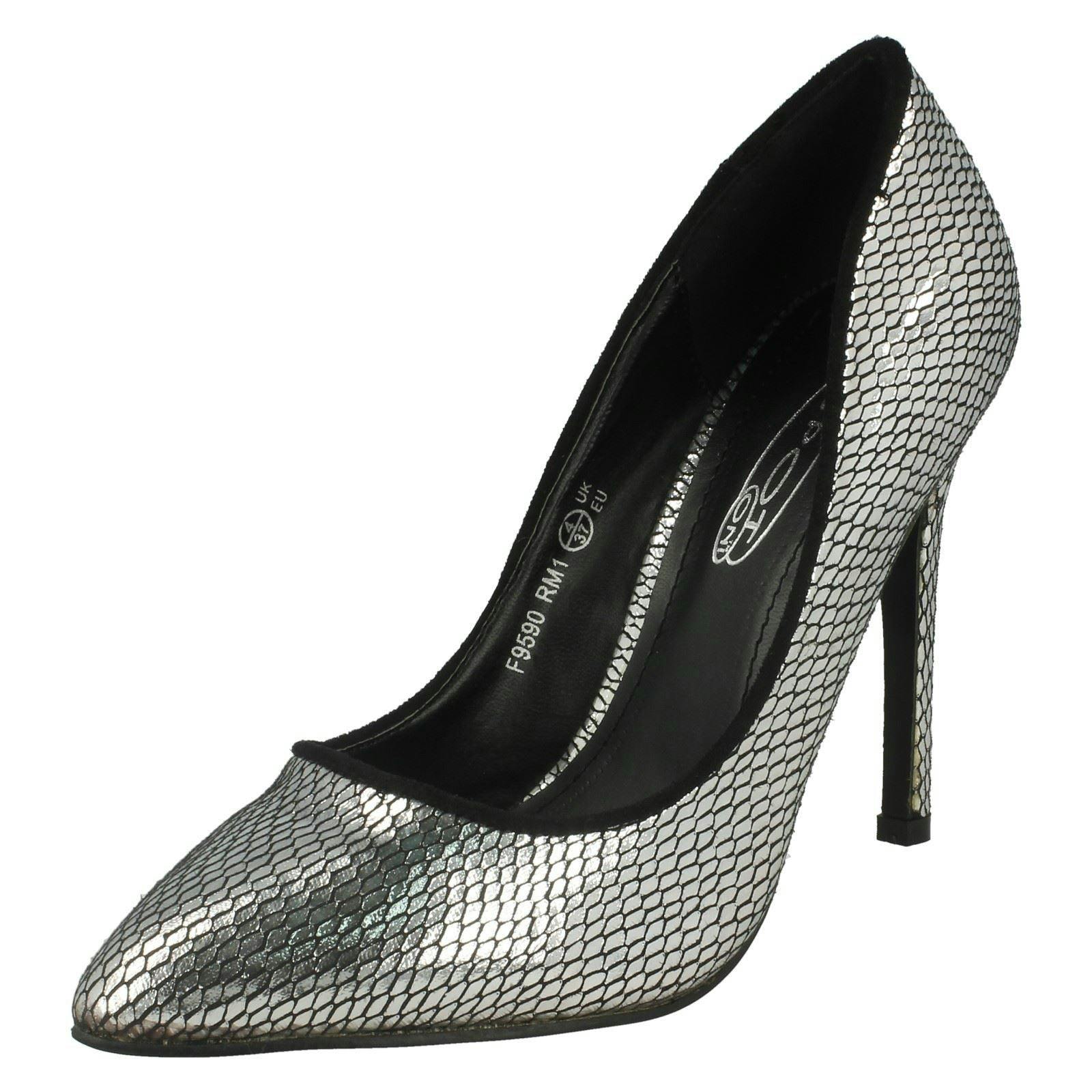 Spot On Women's Silver High Heel Pointed Toe Snake Design Court Shoes - Uk 6