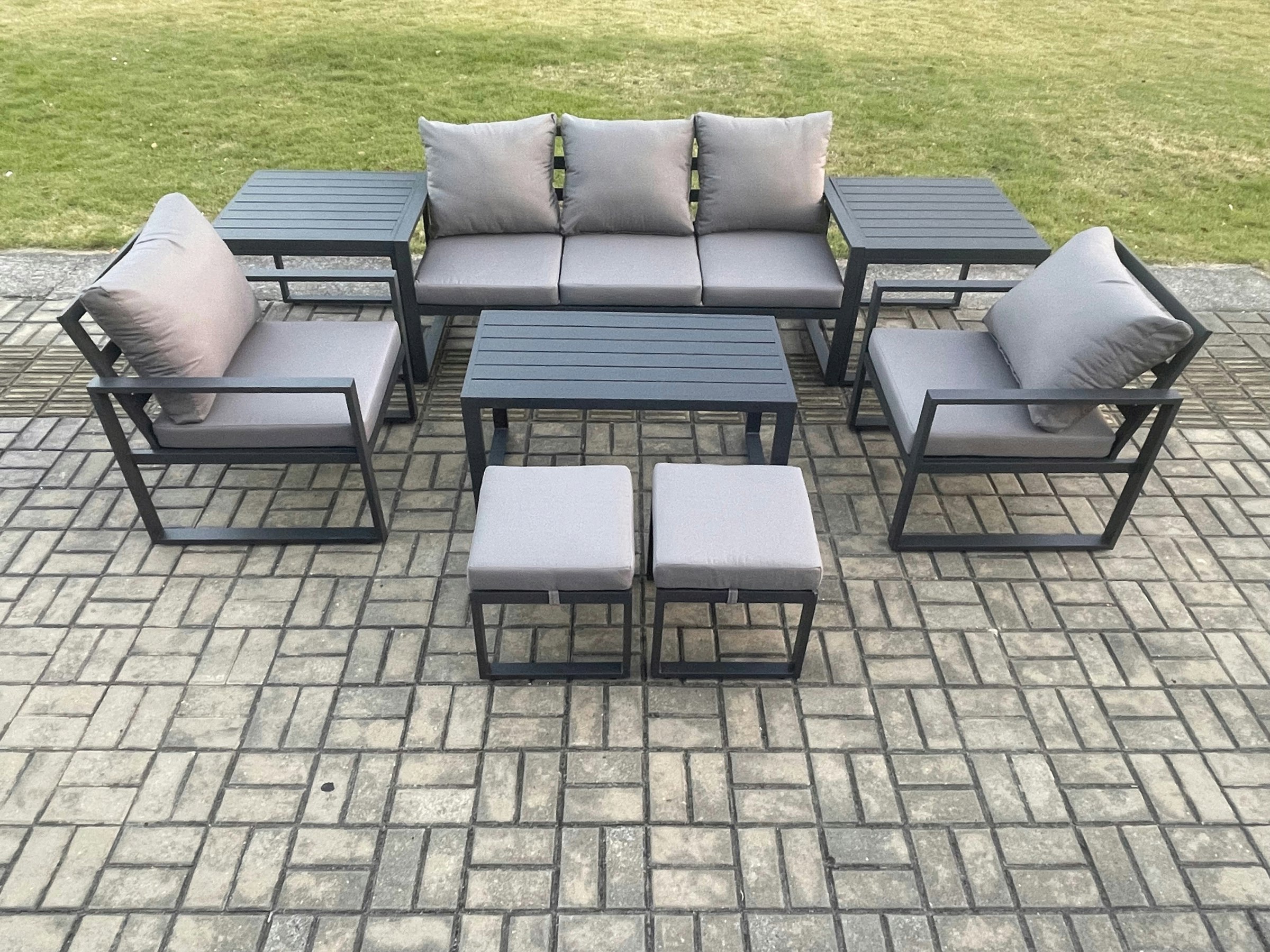 Fimous Dark/Grey Aluminium Patio Outdoor Furniture Set 8 Pcs Garden Sofa With Oblong Coffee Table 2 Small Footstools 2 Armchairs 2 Side Tables