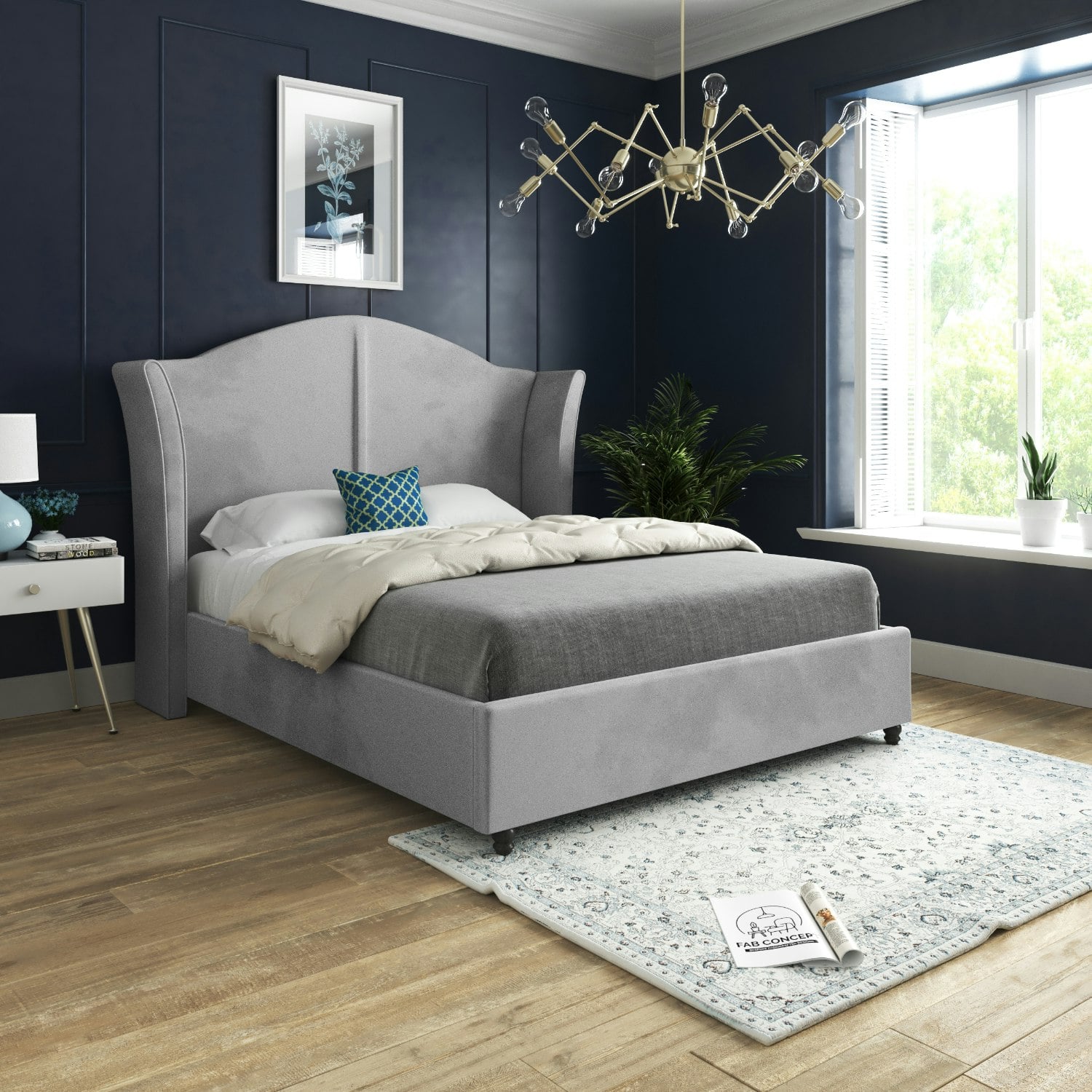 Casa Magna Grey Zampa Curved Top Curved Winged Upholstered Soft Velvet Bed Frame - Small Single