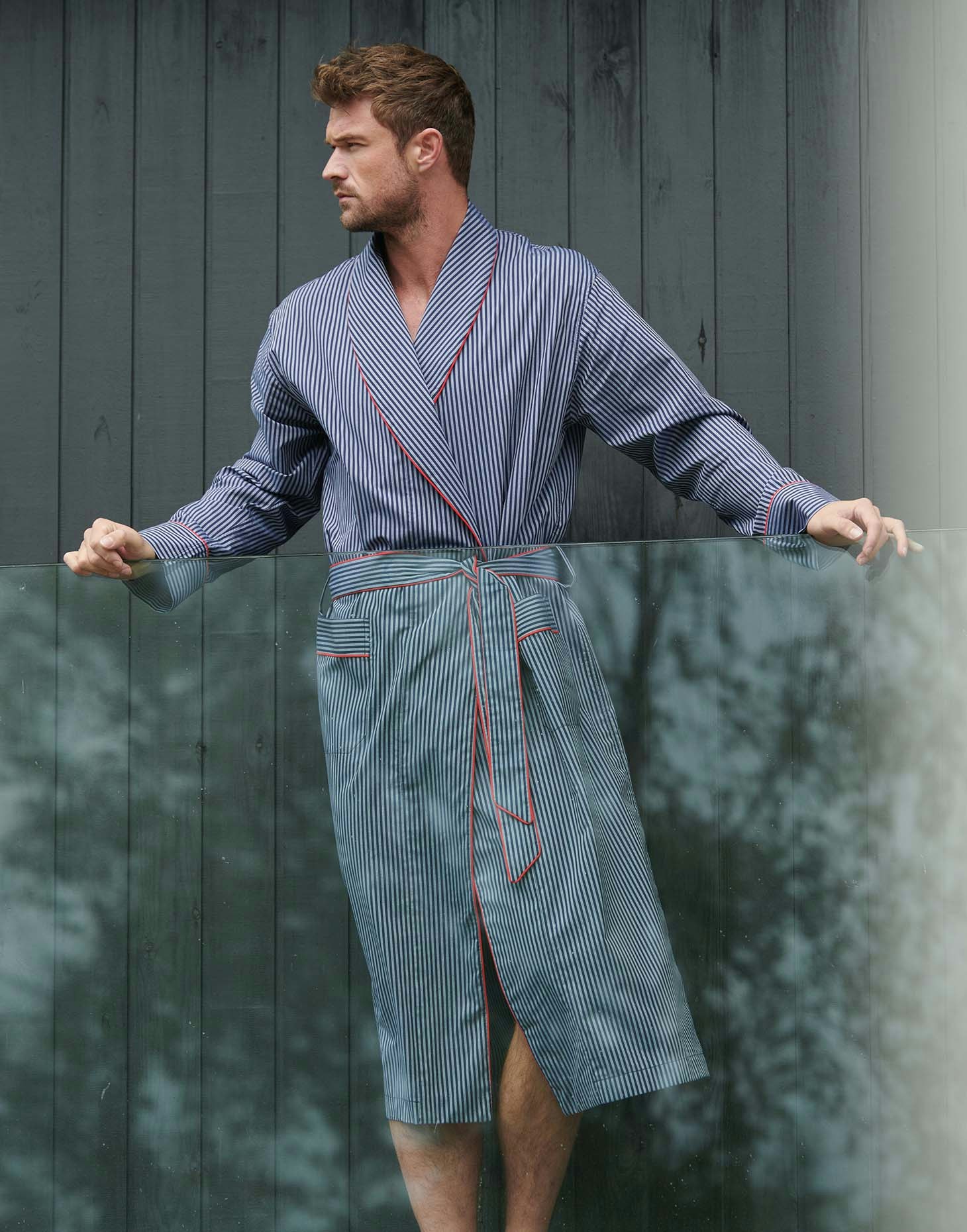 British Boxers Men's Crisp Cotton Dressing Gown – Winchester Stripe - Large