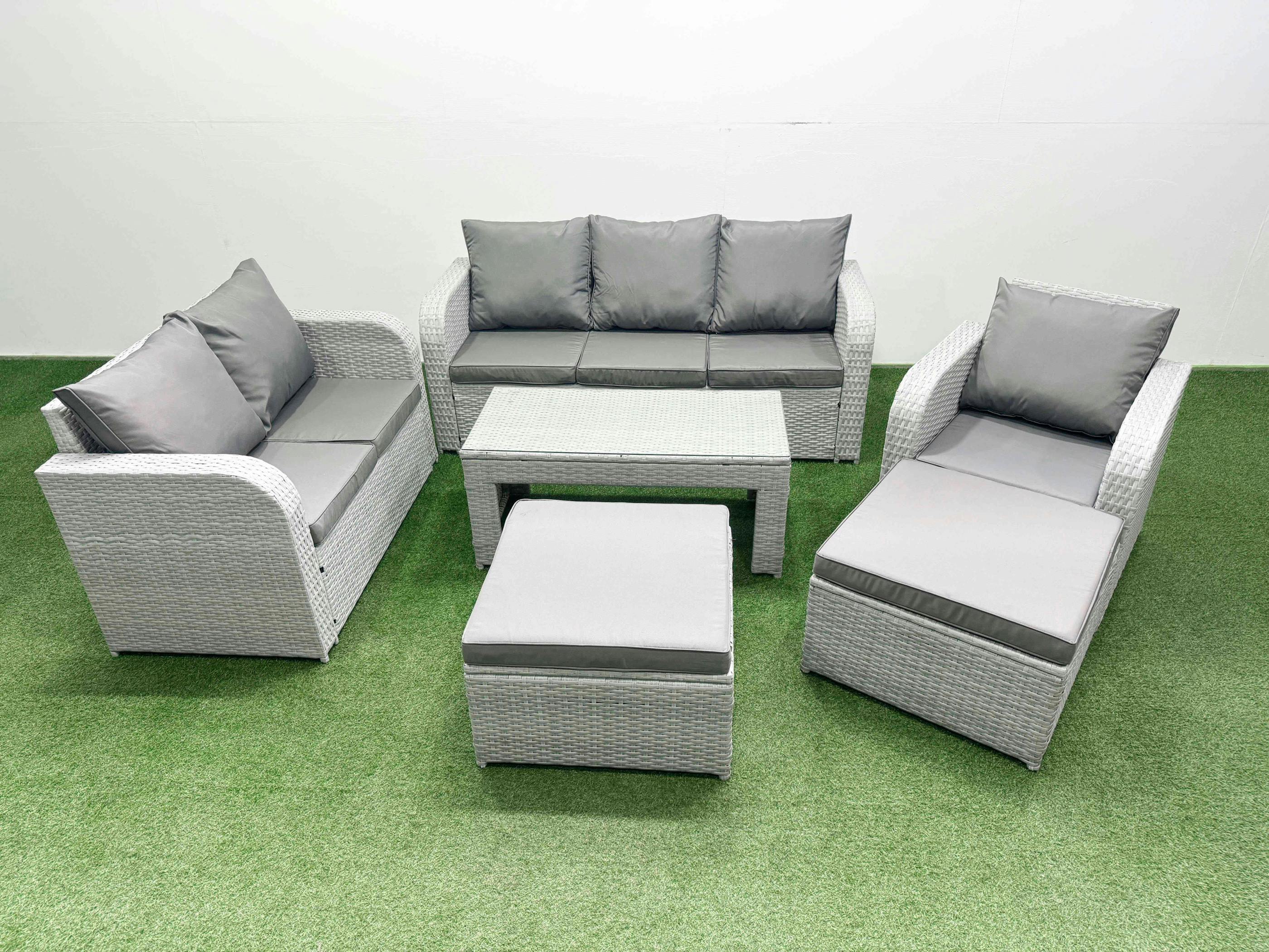 Fimous Light/Grey 8 Seater Lounge Set, Pe Wicker Rattan Garden Furniture, Coffee Table, Reclining Chair, Loveseat, 3 Seater Sofa, 2 Big Footstools,