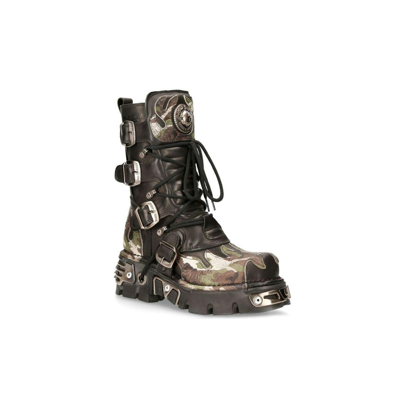 New Rock Black Flame Accented Camouflage Leather Biker Boots- M-591-S15 - Uk 9 | Eu 43 | Us 10.5
