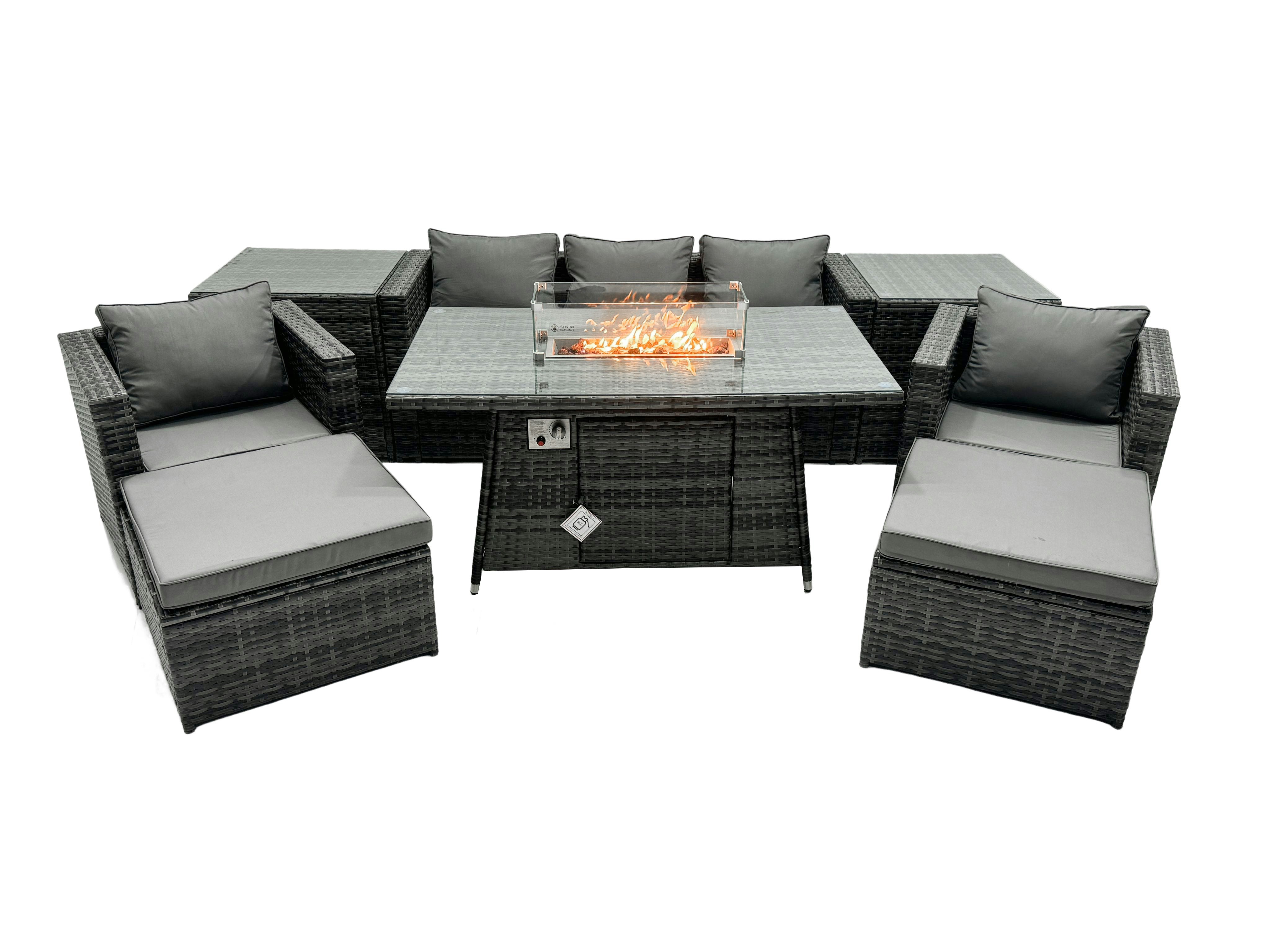 Fimous Dark/Grey Rattan Garden Furniture Fire Pit Dining Set 7 Seater Lounge Sofa Table Set With 2 Side Table 2 Big Footstool