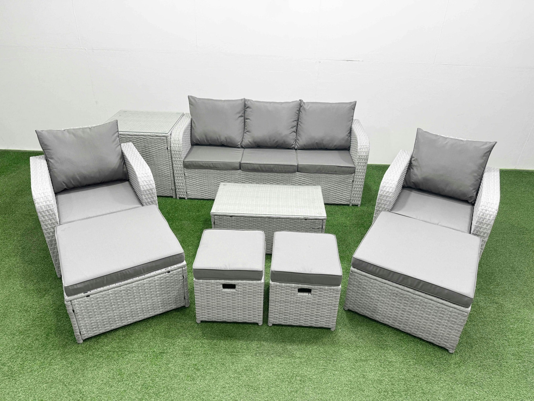 Fimous Light/Grey 9 Pcs Rectangular Coffee Table Set Reclining Chair Inclining Sofa Seat 2 Big Footstool 2 Small Stool 1 Side Table