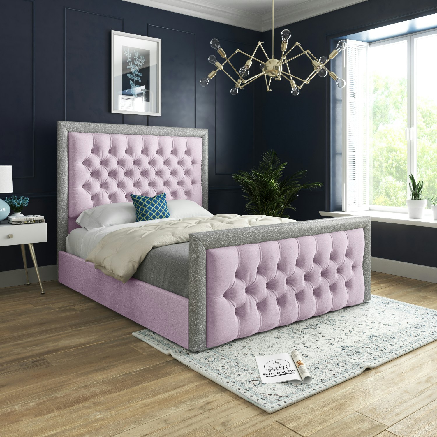 Rackhams Pink Venice Glitter Border Upholstered Soft Velvet Bed Frame - Single