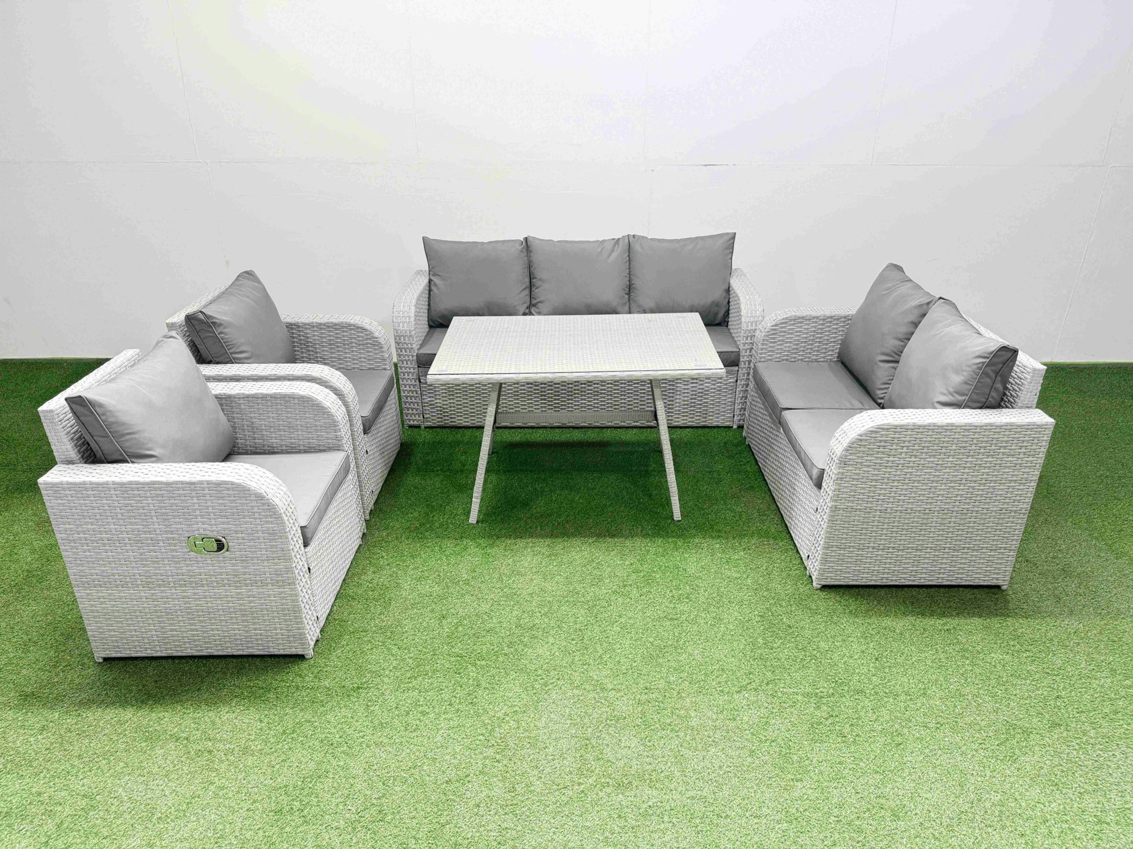 Fimous Light/Grey Pe Rattan Garden Furniture Set Outdoor Rectangular Dining Table Sofa Set