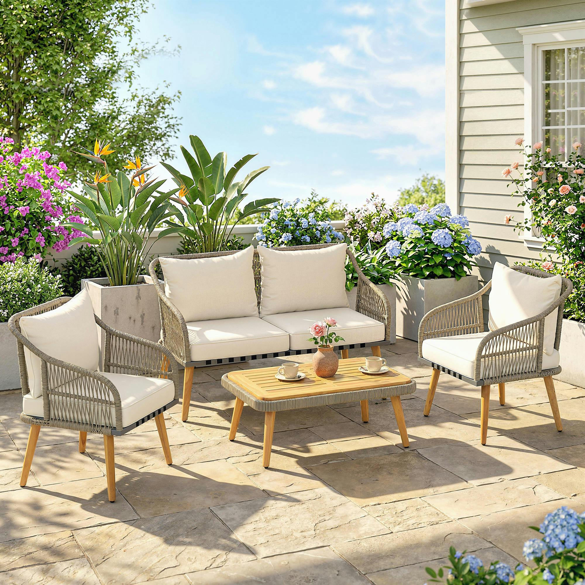 Rackhams Cream/White 4 Seater Rattan Garden Furniture Set With Thick Cushions