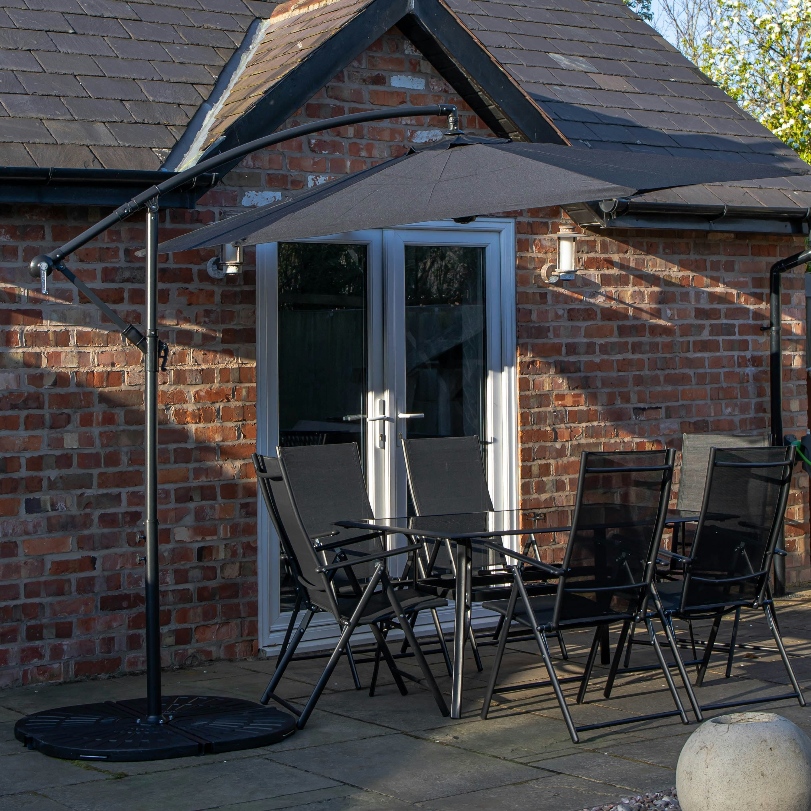 Rackhams Black Outdoor 6 Person Rectangular Glass Top Garden Dining Table Chairs With Banana Parasol And Base - Outdoor Furniture Sets