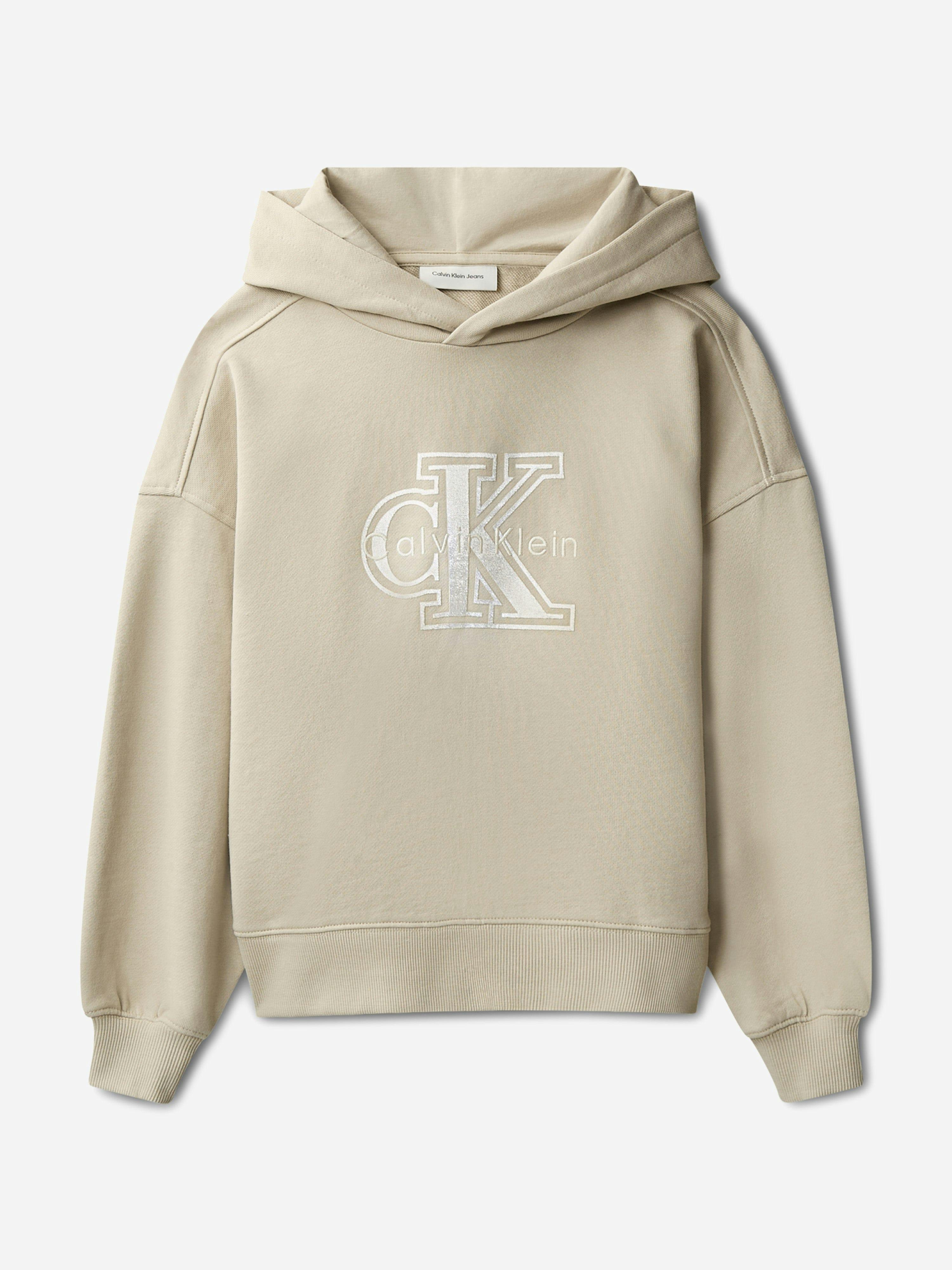 Calvin Klein Girls Beige Velvet Monologo Hoodie In - 12 Yrs