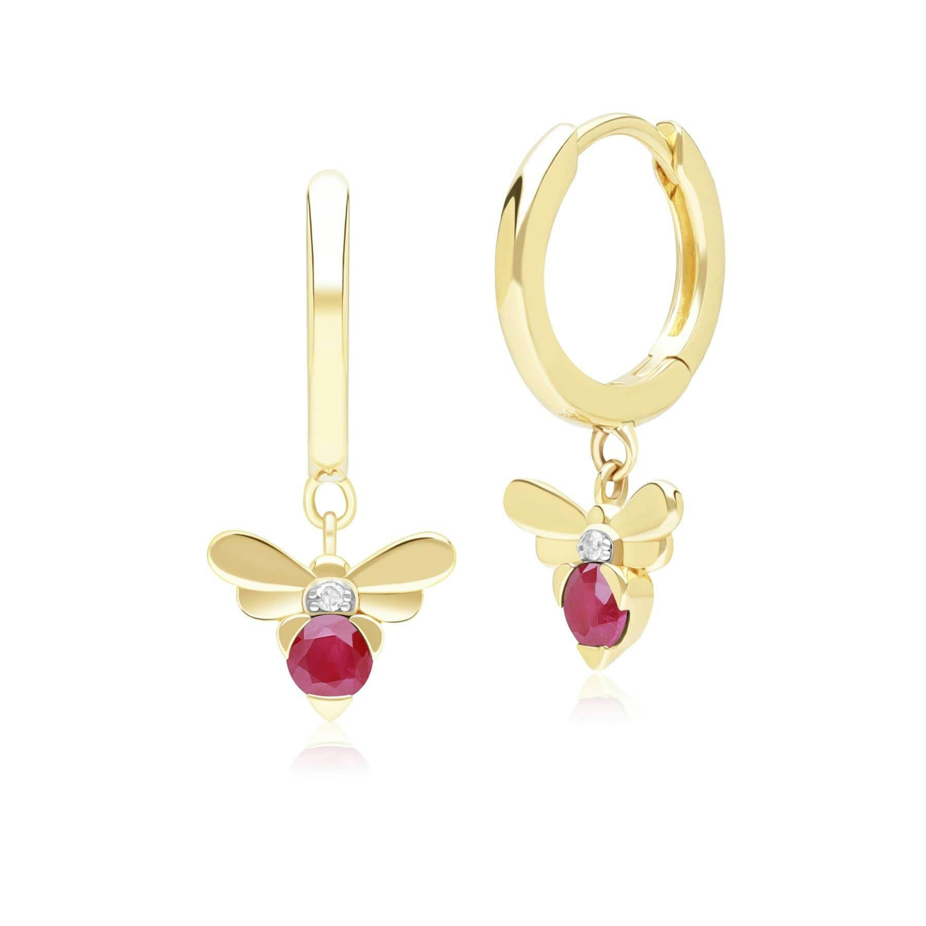 Gemondo Yellow/Gold Honeycomb Inspired Ruby And Diamond Bee Hoop Earrings In 9Ct