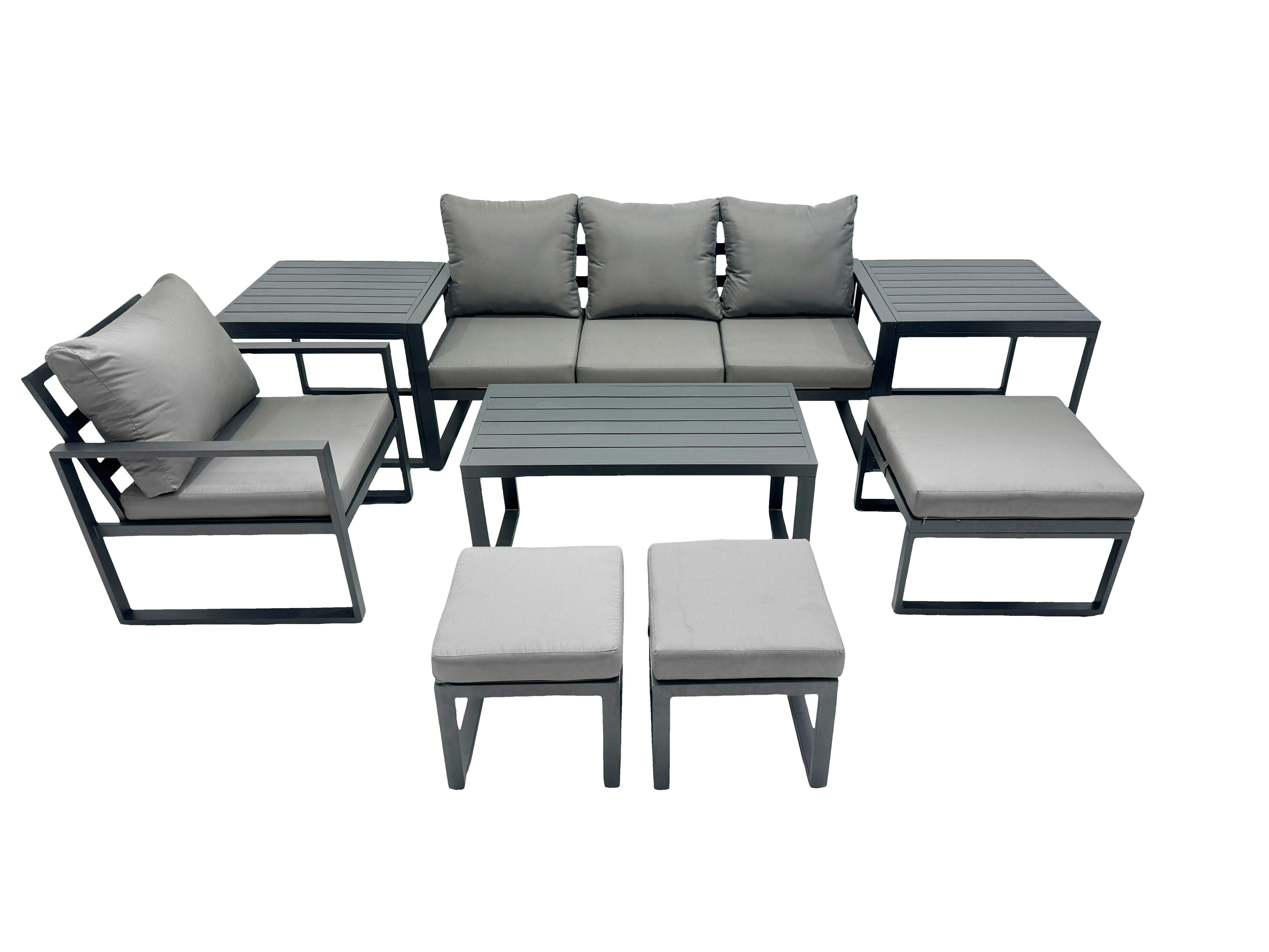 Fimous Dark/Grey 7 Seat Outdoor Garden Furniture Set Aluminium Lounge 3 Seat Sofa Oblong Coffee Table Sets With Chair 3 Stools 2 Side Tables