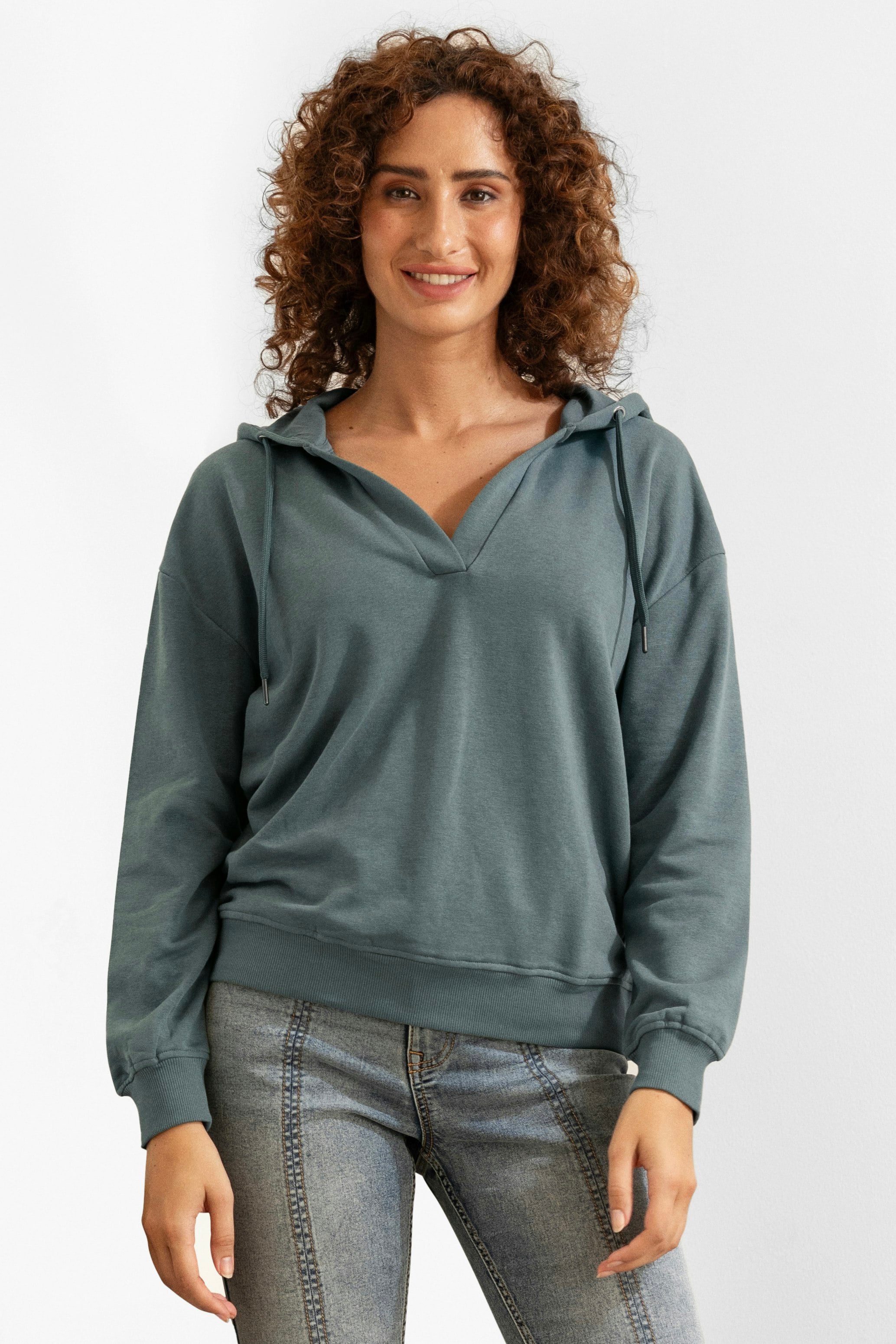 Enorsia Women's Green V-Neck Drop Shoulder Hoodie In | Size: 12 - Image 2