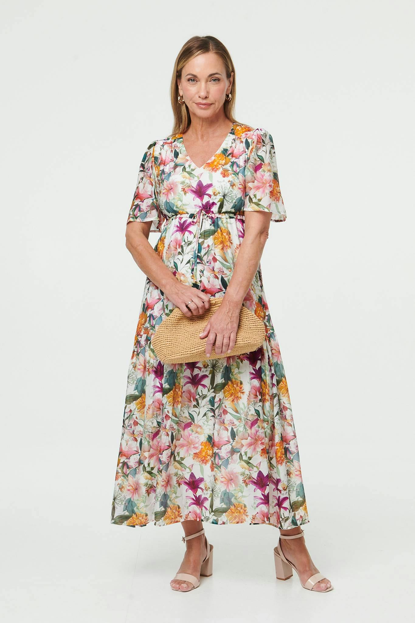 Izabel London White Floral Tiered 1/2 Sleeve Maxi Dress - 12