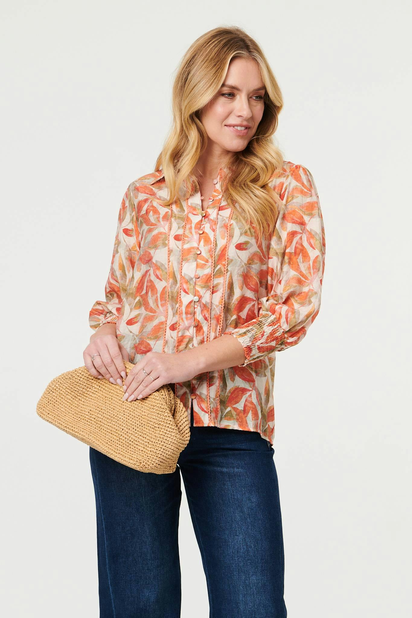 Izabel London Orange Lace Trim Long Balloon Sleeve Shirt - 16