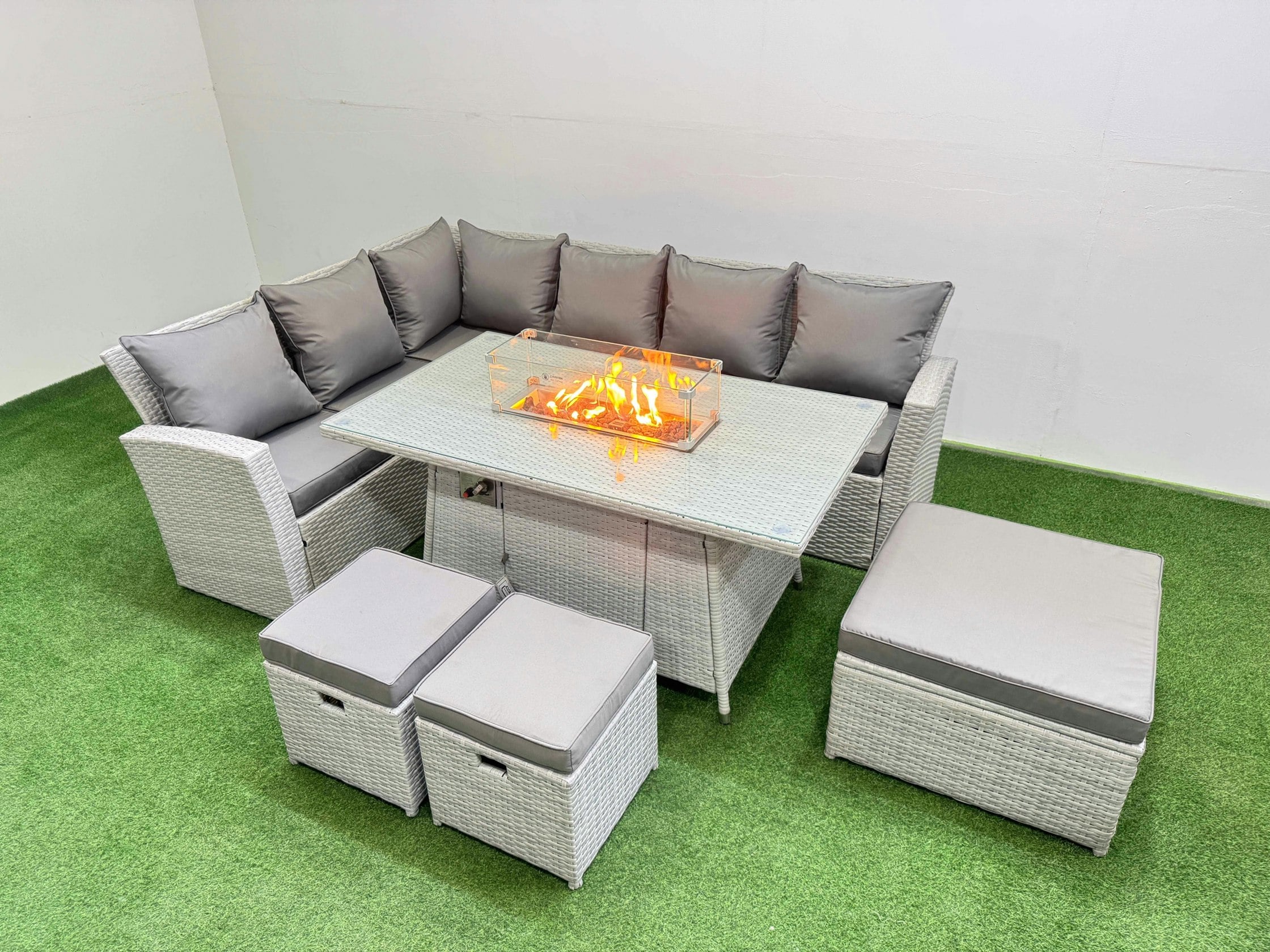 Fimous Light/Grey 9 Seat Rattan Garden Furniture Corner Sofa Set Outdoor Gas Fire Pit Table Sets With 3 Footstools