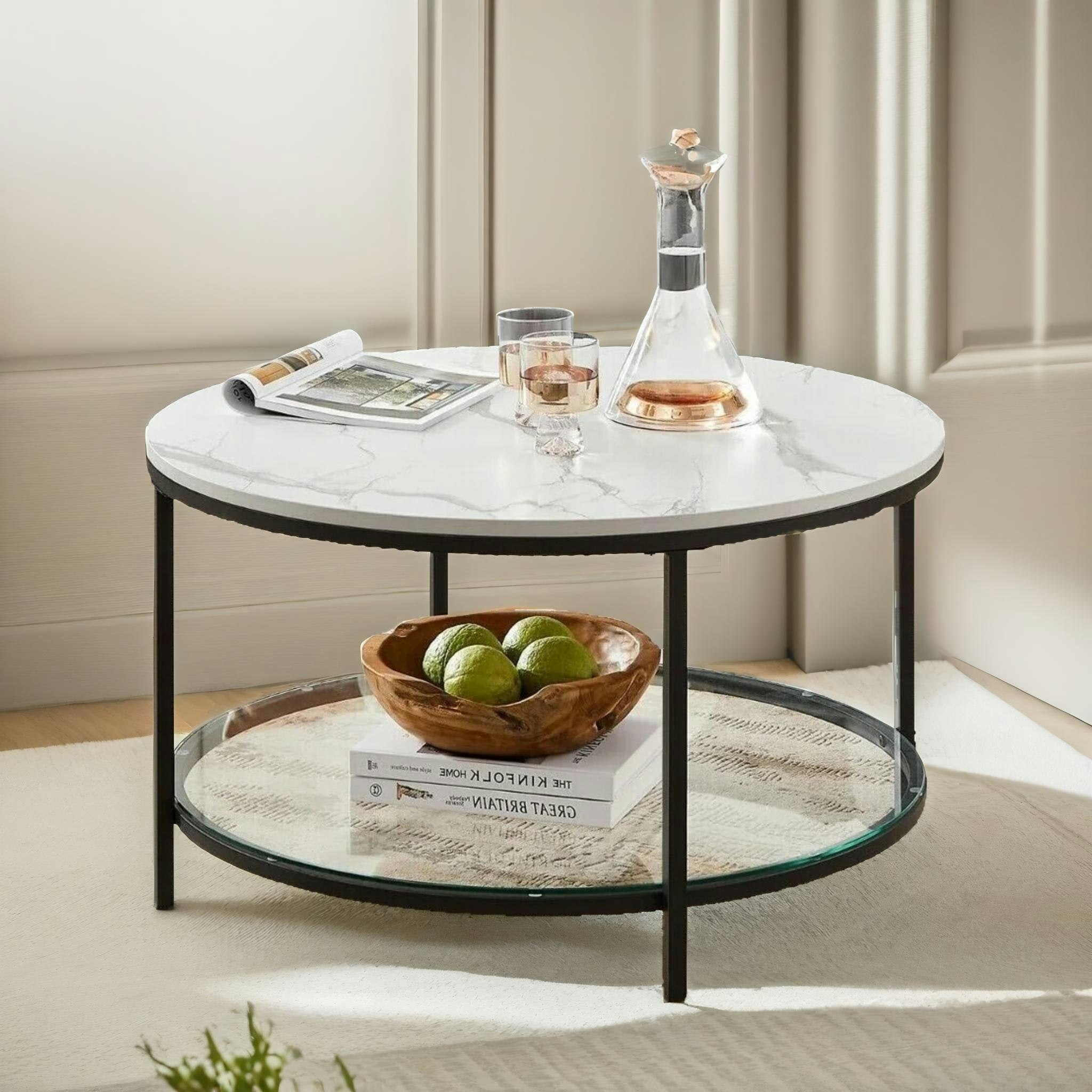 Rackhams White 2 Tier Round Faux Marble Coffee Table