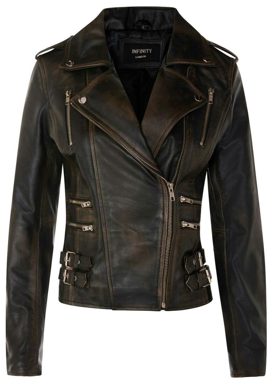 Infinity Leather Women's Black Leather Brando Biker Jacket-Loddon - Vintage - Uk Xl/16 | Eu 42 | Us 12