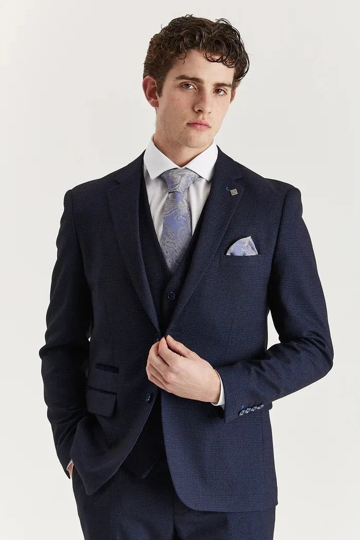 Paul Andrew Men's Regent - Navy Checked Tailored Fit Blazer - 52