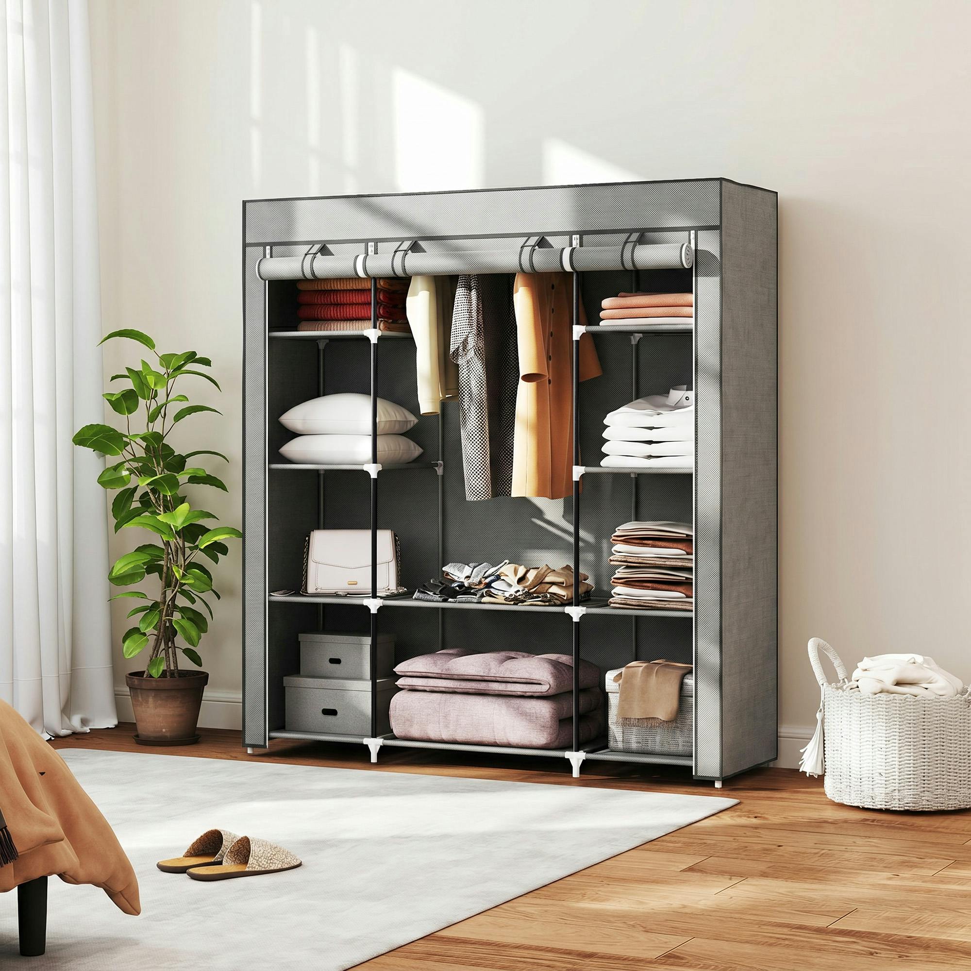 Rackhams Light/Grey Fabric Wardrobe With 10 Shelves, Foldable Closet