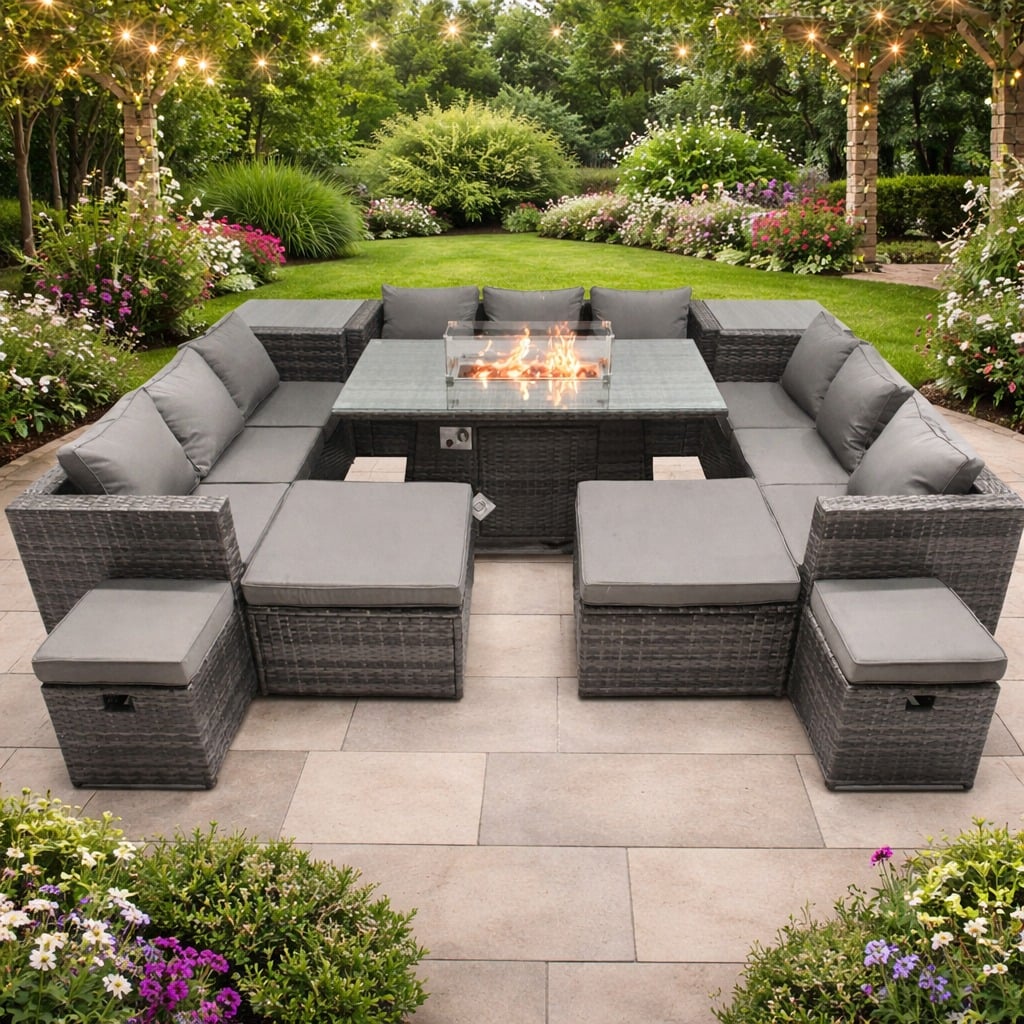 Rackhams Dark/Grey 13 Seater Rattan Dining Set With Fire Pit Table, 3 Sofas, 4 Footstools, 2 Side Tables
