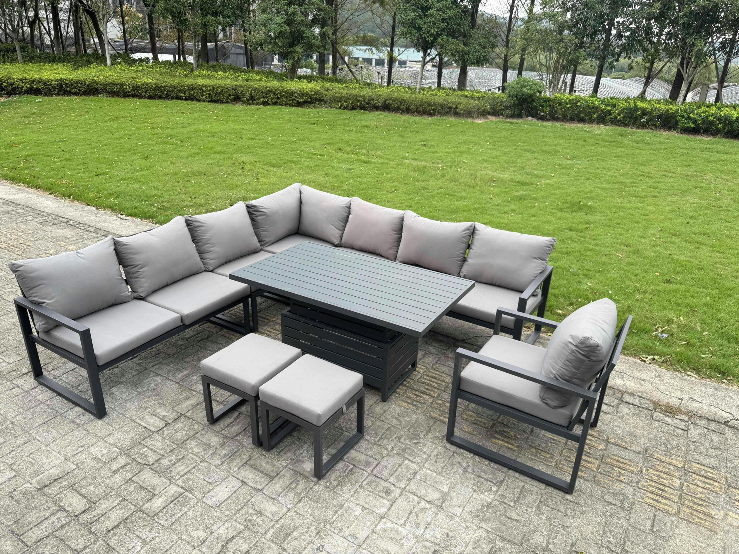Rackhams Dark/Grey 9 Piece L-Shaped Garden Furniture Set 10-Seater Aluminium Outdoor Dining Set With Adjustable Rising Table, Chair & 2 Small Footstools
