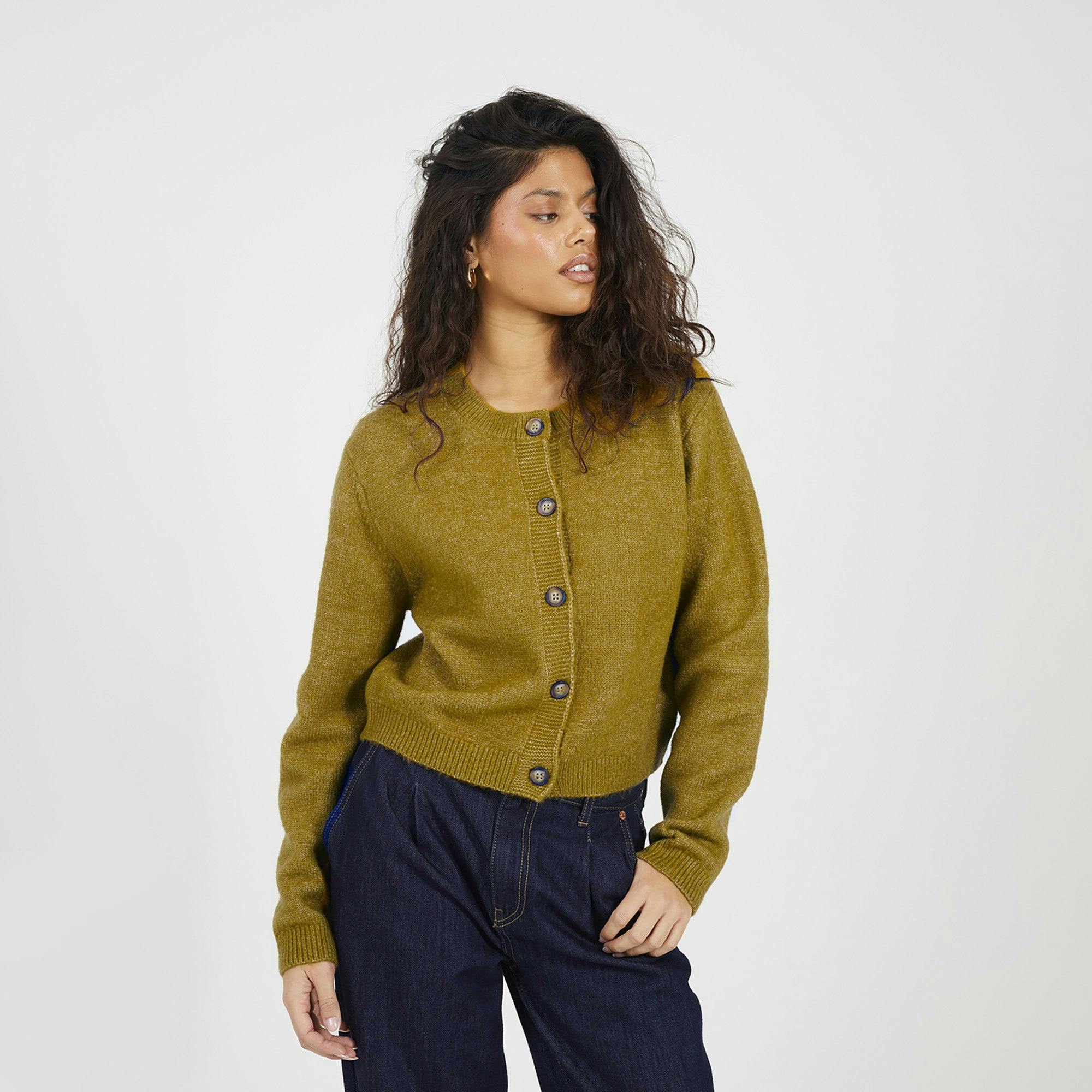 Brave Soul Round Neck Jersey Knit Cardigan - Olive - Olive - M