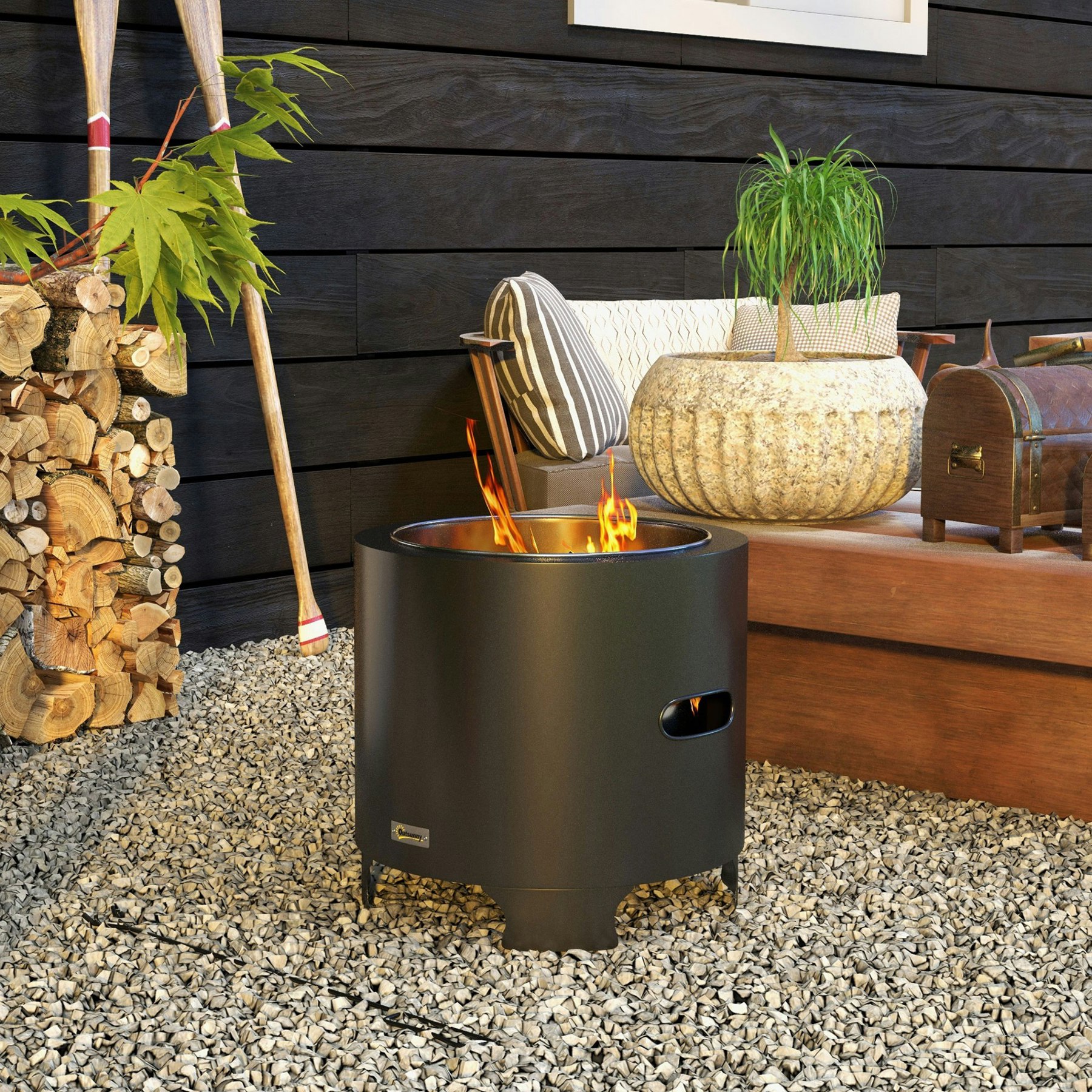 Rackhams Black Fire Pit, Round Metal Bonfire Stove With Poker,