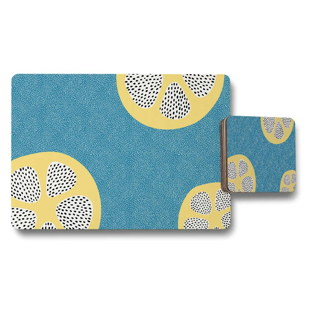 Benjamin Tate Design Blue/Yellow Lemon Slice Placemat And Coaster Set With Accents