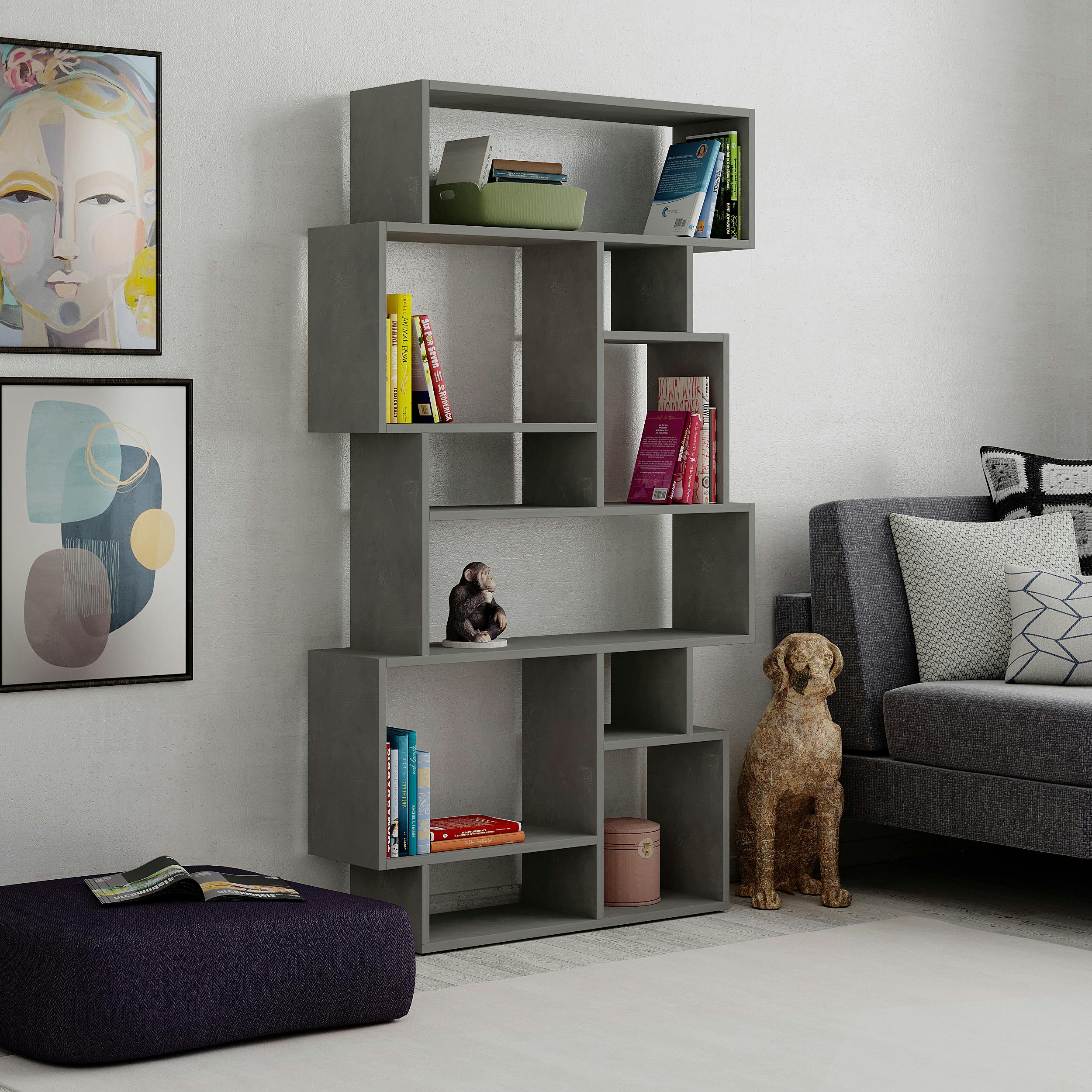 Decortie Grey Karmato Modern Bookcase Display Unit With 10 Compartments 168.5Cm Tall - Retro