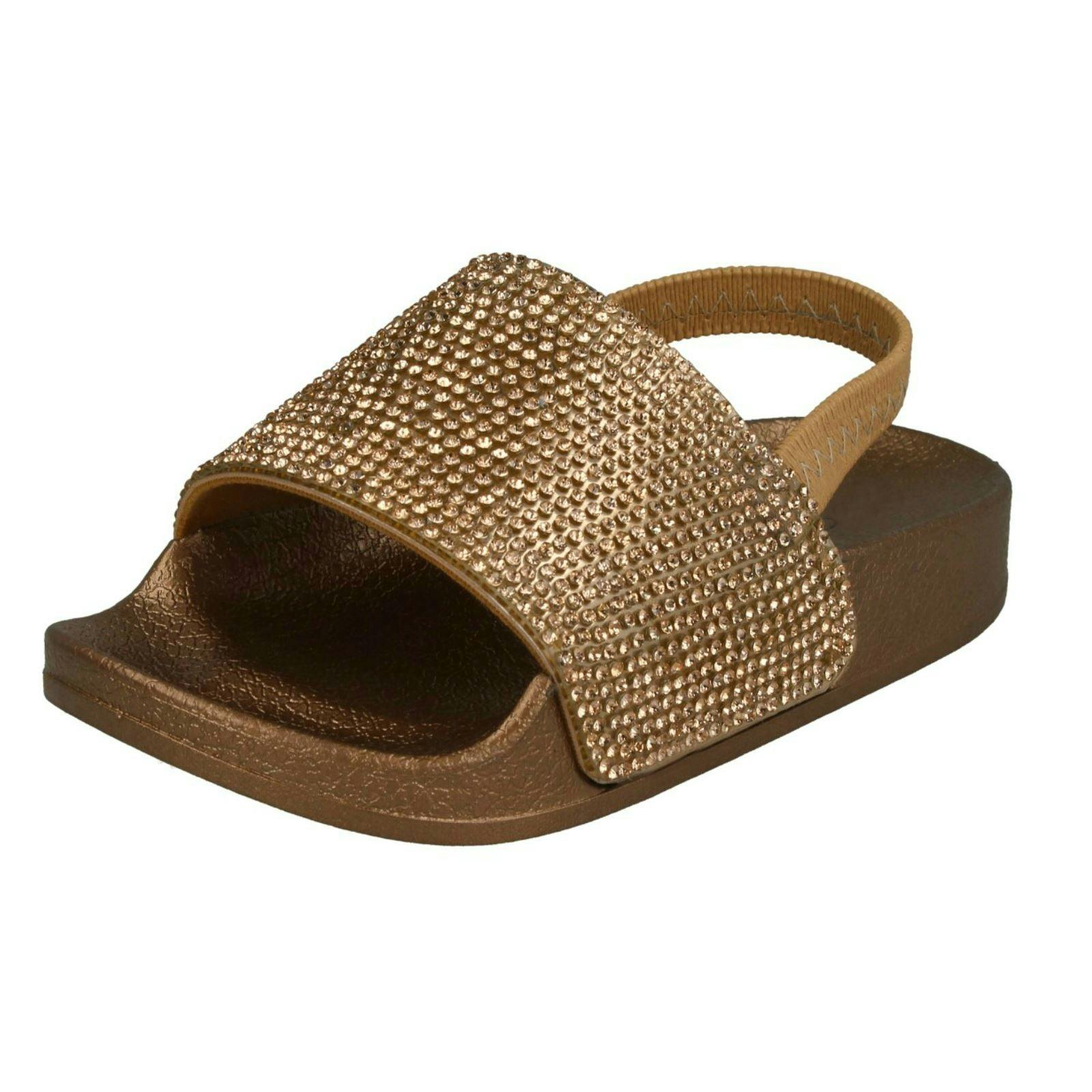 Spot On Girls Bronze Elasticated Diamante Sliders H0312 - Uk 7 Infant