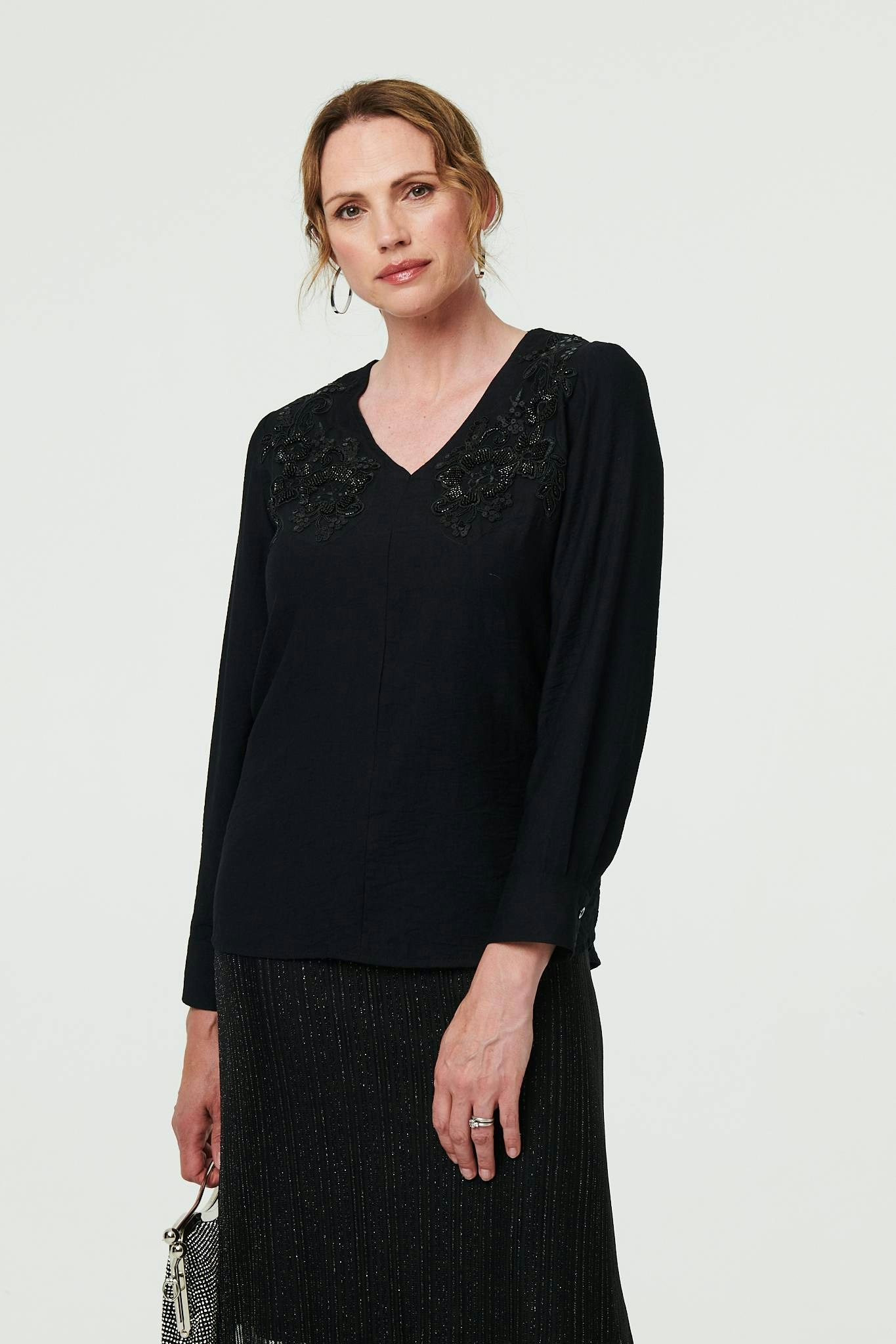 Izabel London Black Floral Embroidered Long Sleeve Top - 14