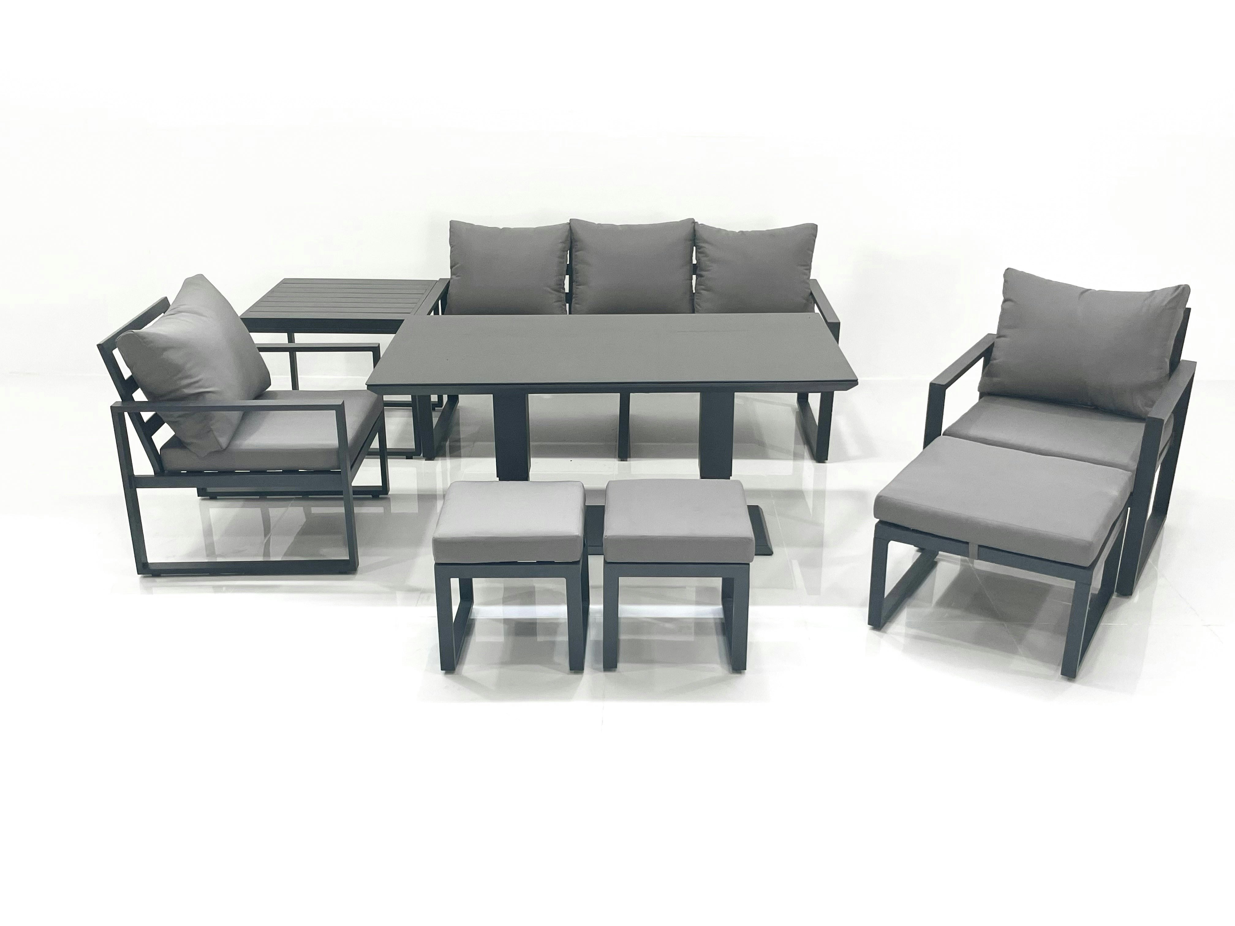 Rackhams Dark/Grey 8 Seater Aluminium Outdoor Garden Furniture Set With Adjustable Rising Dining Table 3 Seater Sofa 2 Chair 3 Footstool Side Table