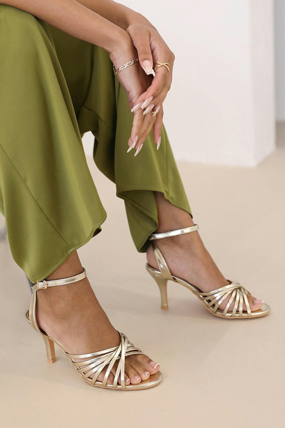 Where's That From Gold Cyprus Multi Cross Over Strap Mid Heels In Faux Leather - Size 5